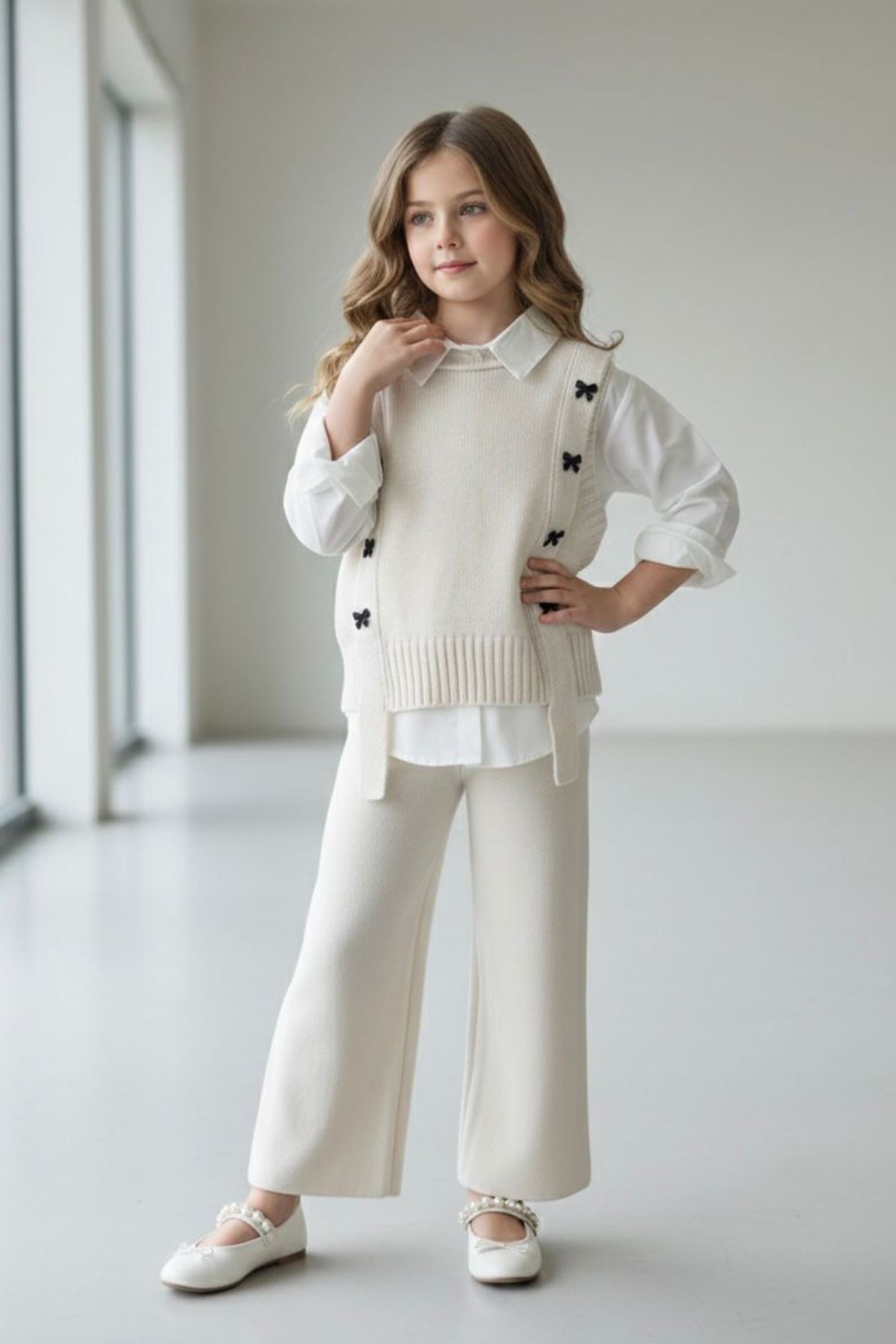 Miniğimin Cicileri Fiyonk Düğmeli Triko Süveterli Gömlekli Bol Paça Pantolonlu Kız Çocuk 3’lü Takım - Krem