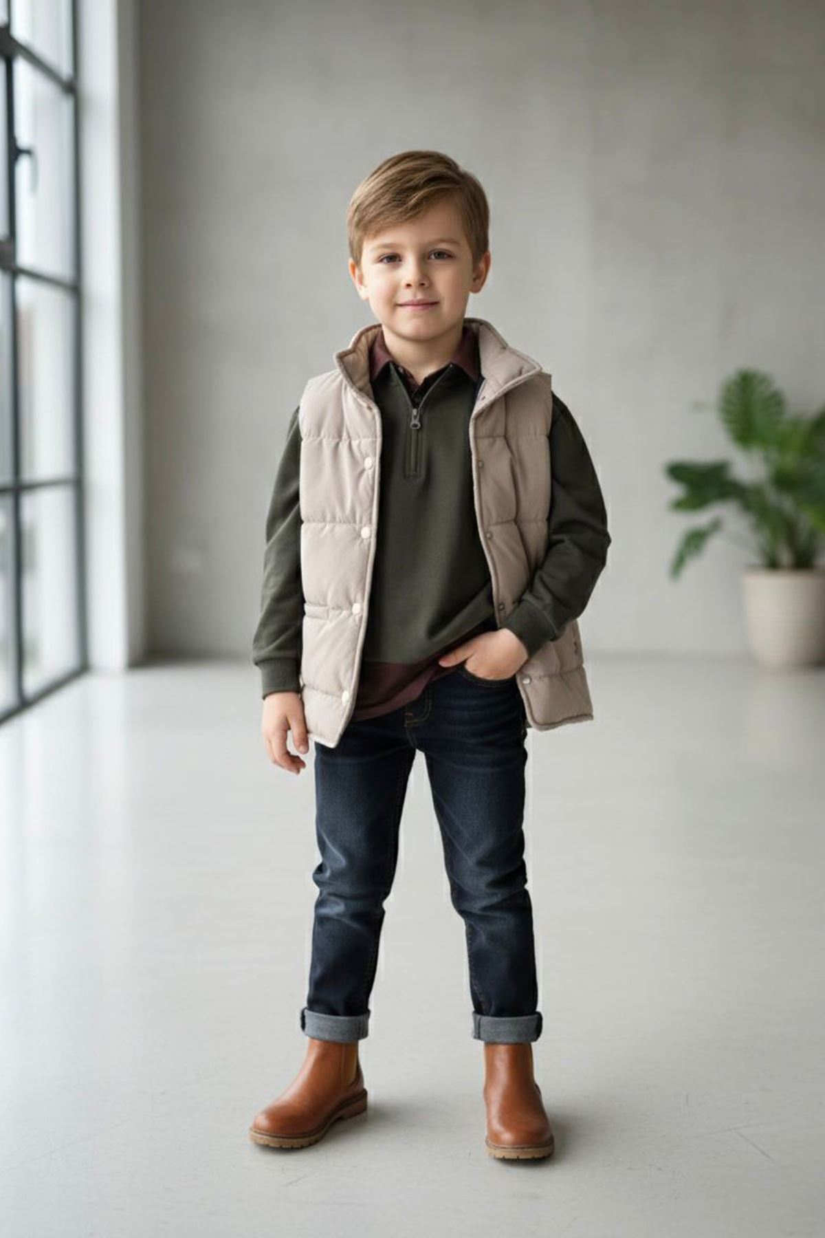 Miniğimin Cicileri Şişme Yelekli Yarım Fermuarlı Sweatshirt ve Kot Pantolon 4’lü Kombin - Bej