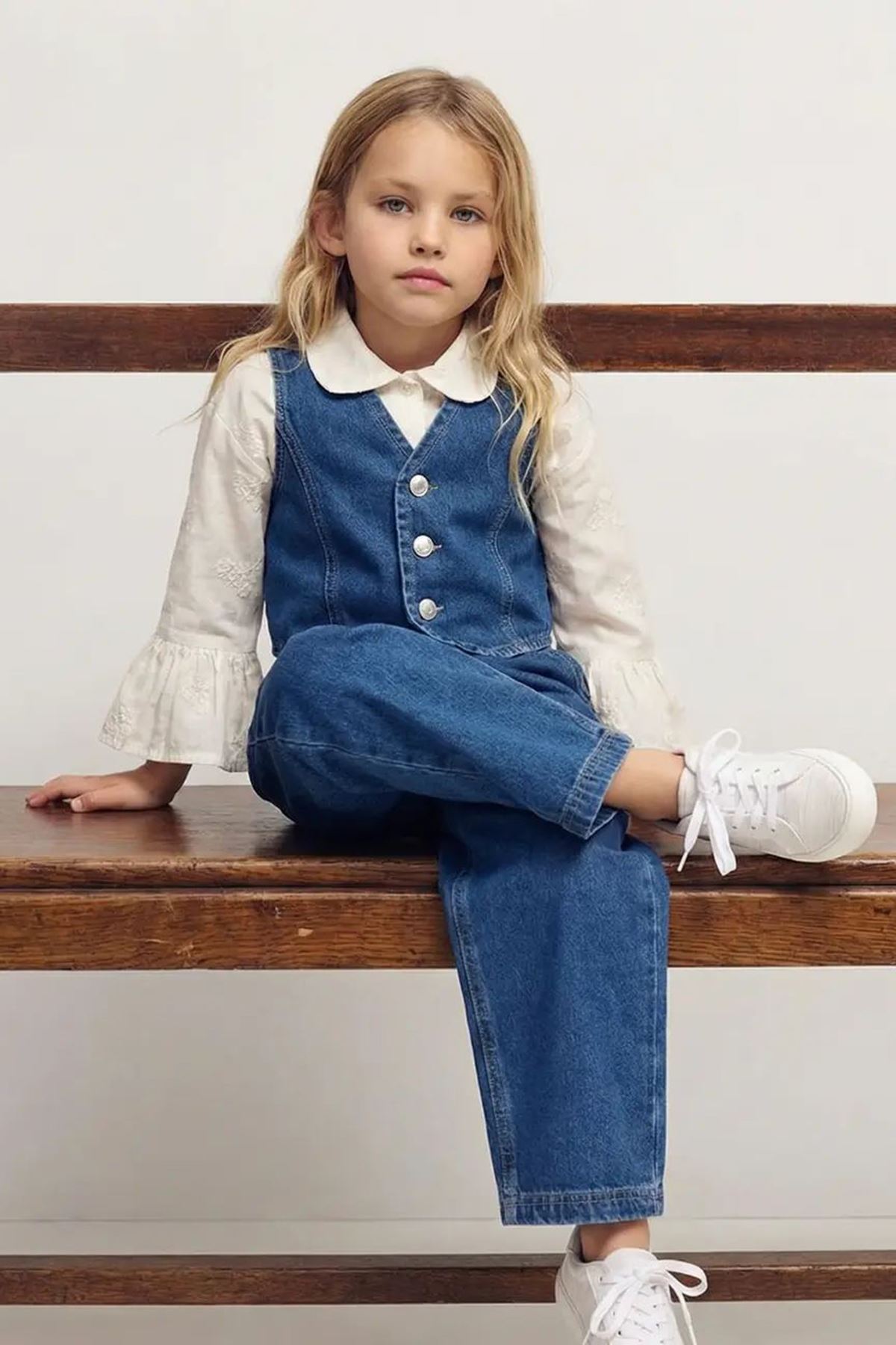 Miniğimin Cicileri Vintage Kot Yelekli Fırfır Kol Gömlekli Kız Çocuk 3’lü Jean Takım - Mavi