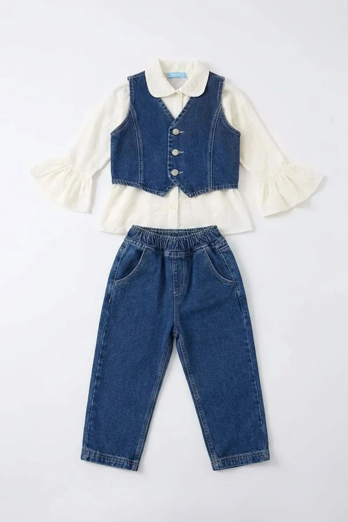 Miniğimin Cicileri Vintage Kot Yelekli Fırfır Kol Gömlekli Kız Çocuk 3’lü Jean Takım - Mavi