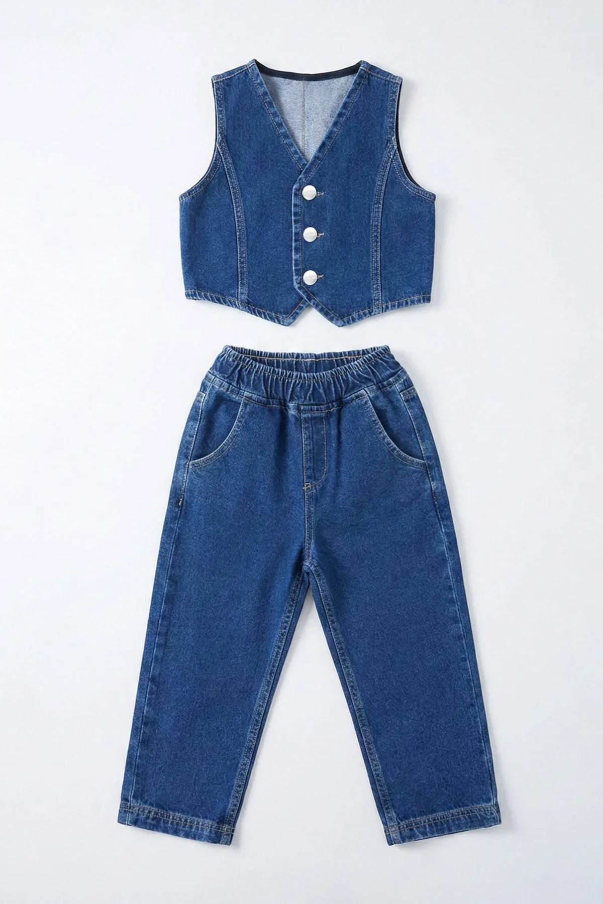 Miniğimin Cicileri Vintage Kot Yelekli Fırfır Kol Gömlekli Kız Çocuk 3’lü Jean Takım - Mavi