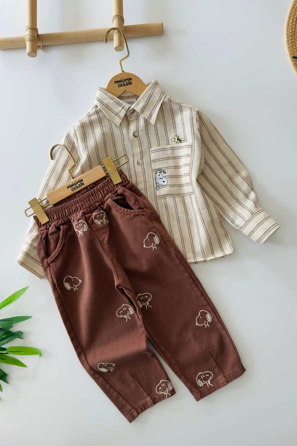 Minigimin Cicileri Snpyy İşleme Detaylı Erkek Çocuk Pamuklu 2 li Takım - Kahverengi