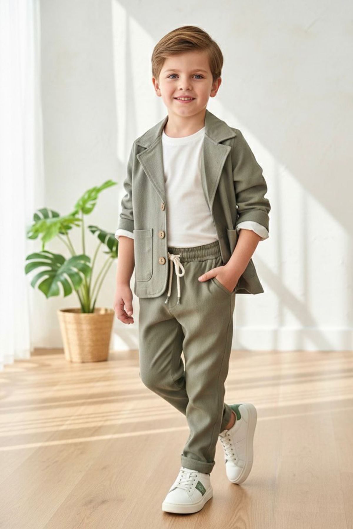 Minigimin Cicileri Minimal Keten Blazer Ceketli Lastik Bel Pantolonlu Erkek Çocuk 3'lü Takım - Yeşil