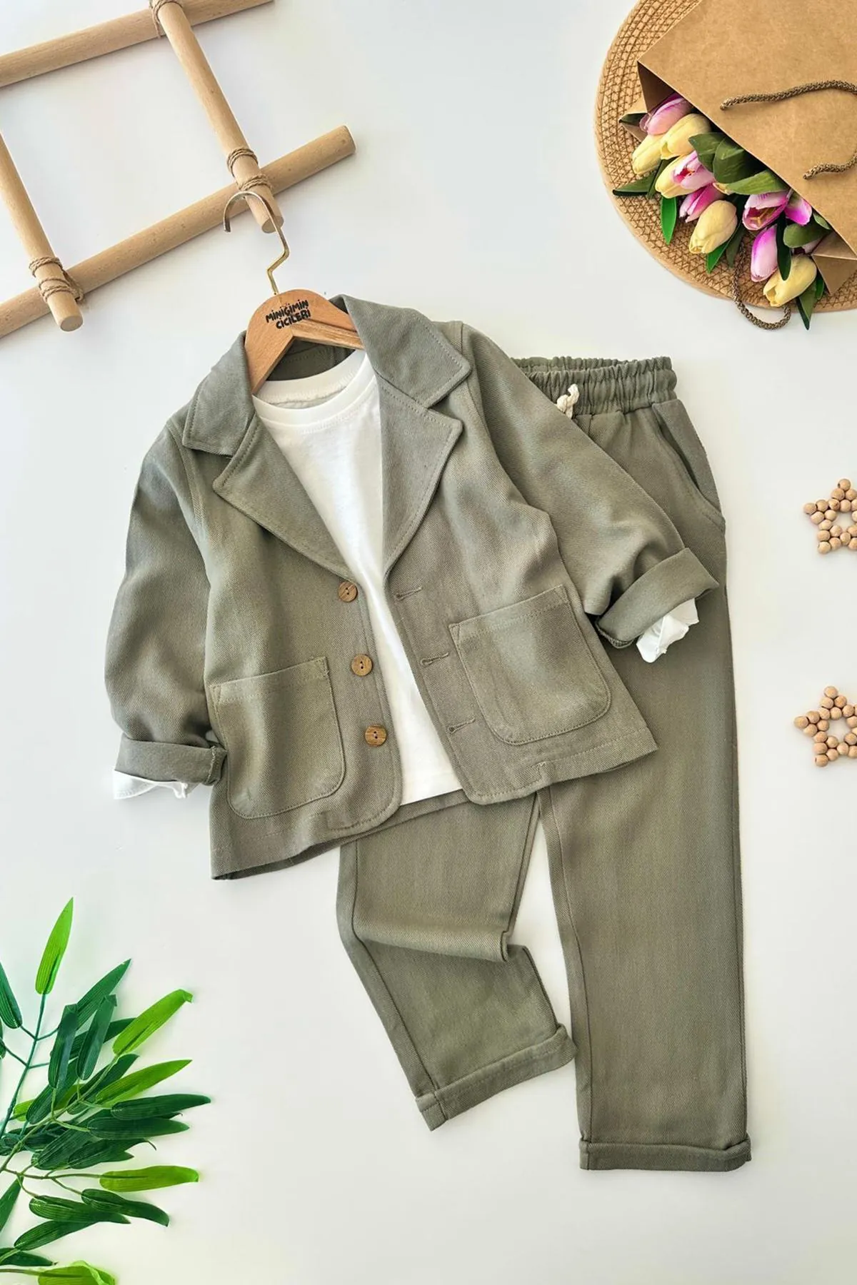 Minigimin Cicileri Minimal Keten Blazer Ceketli Lastik Bel Pantolonlu Erkek Çocuk 3'lü Takım - Yeşil
