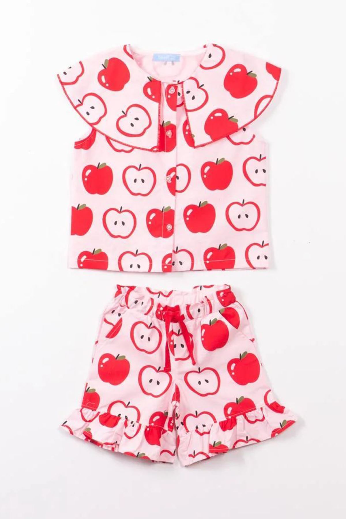 Miniğimin Cicileri Elma Desenli Fırfır Detaylı Kız Çocuk Şortlu 2’li Takım - Kırmızı