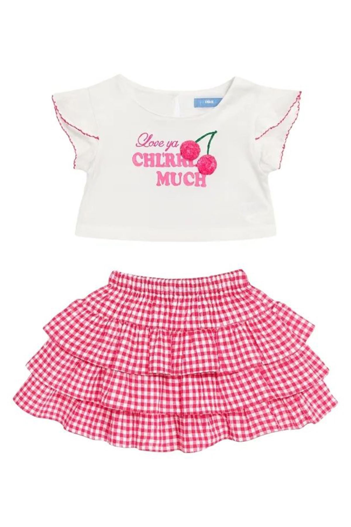 Miniğimin Cicileri Kiraz Baskılı Ekose Kat Kat Etekli Kız Çocuk 2’li Yazlık Takım - Pembe