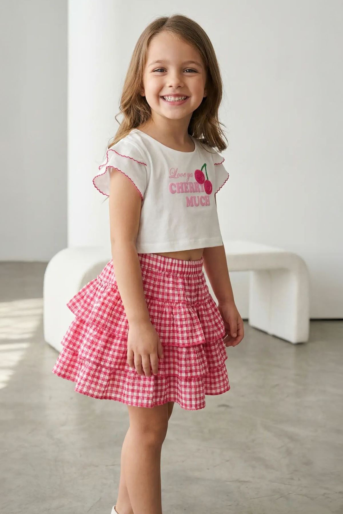 Miniğimin Cicileri Kiraz Baskılı Ekose Kat Kat Etekli Kız Çocuk 2’li Yazlık Takım - Pembe