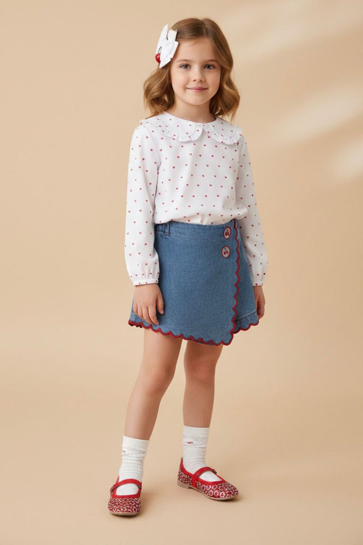 Miniğimin Cicileri Kalp Baskılı Gömlekli Kız Çocuk Kiraz Kot Şort Etekli Kız Çocuk 2 li Takım - Beyaz