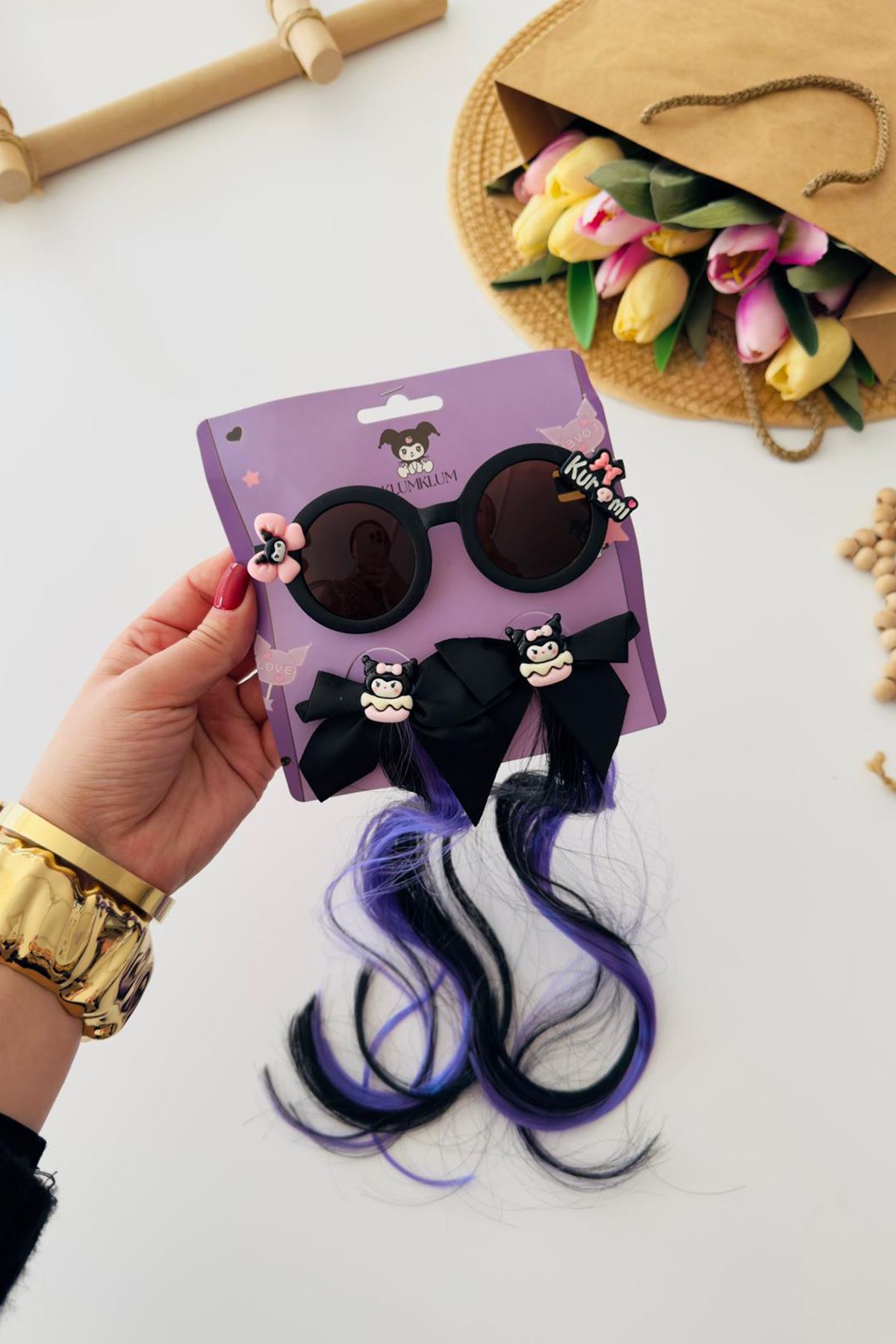 Miniğimin Cicileri Postiş Saç Tokalı Güneş Gözlüklü 3 parça Toka Seti - Siyah