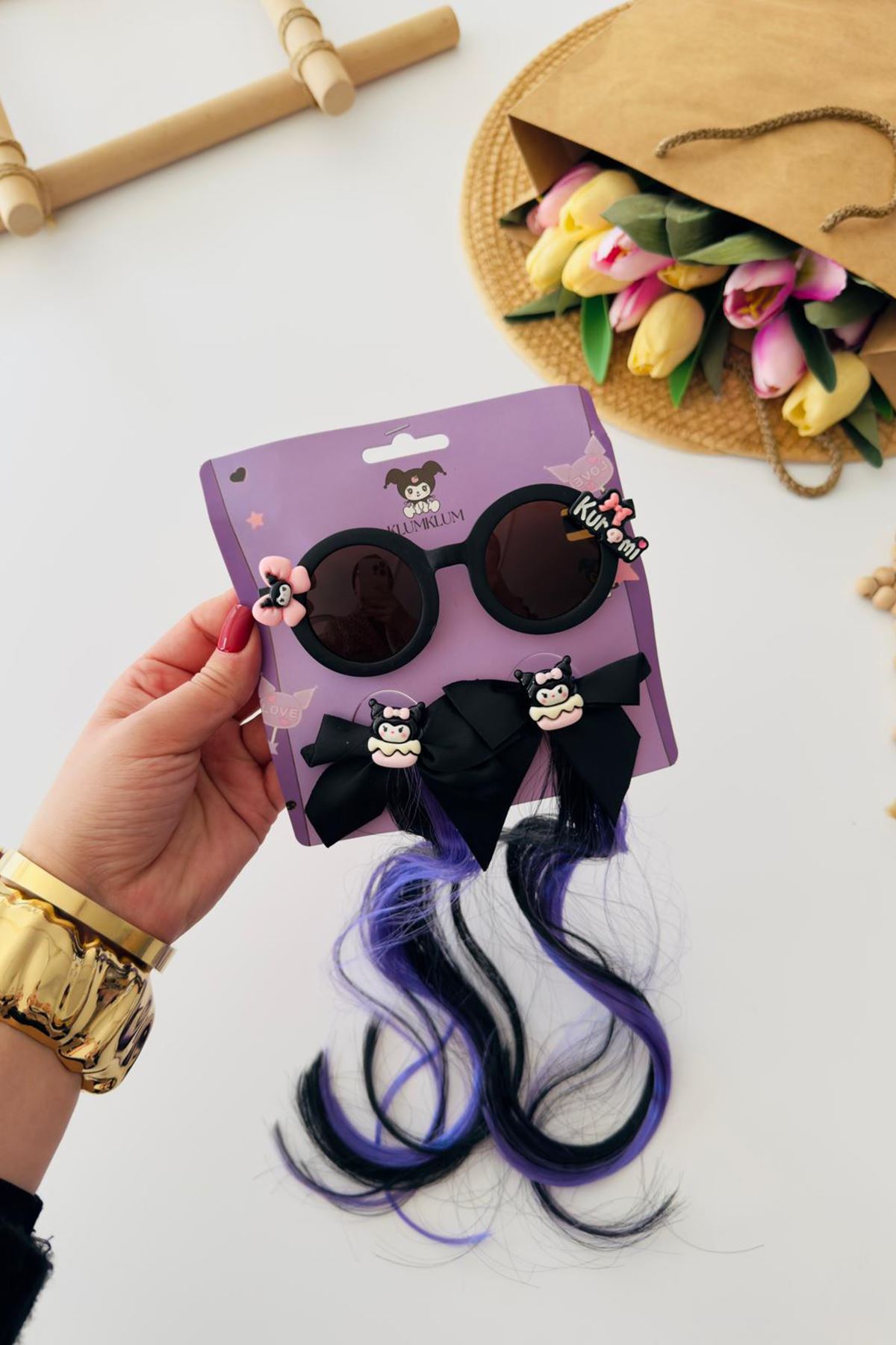 Miniğimin Cicileri Postiş Saç Tokalı Güneş Gözlüklü 3 parça Toka Seti - Siyah