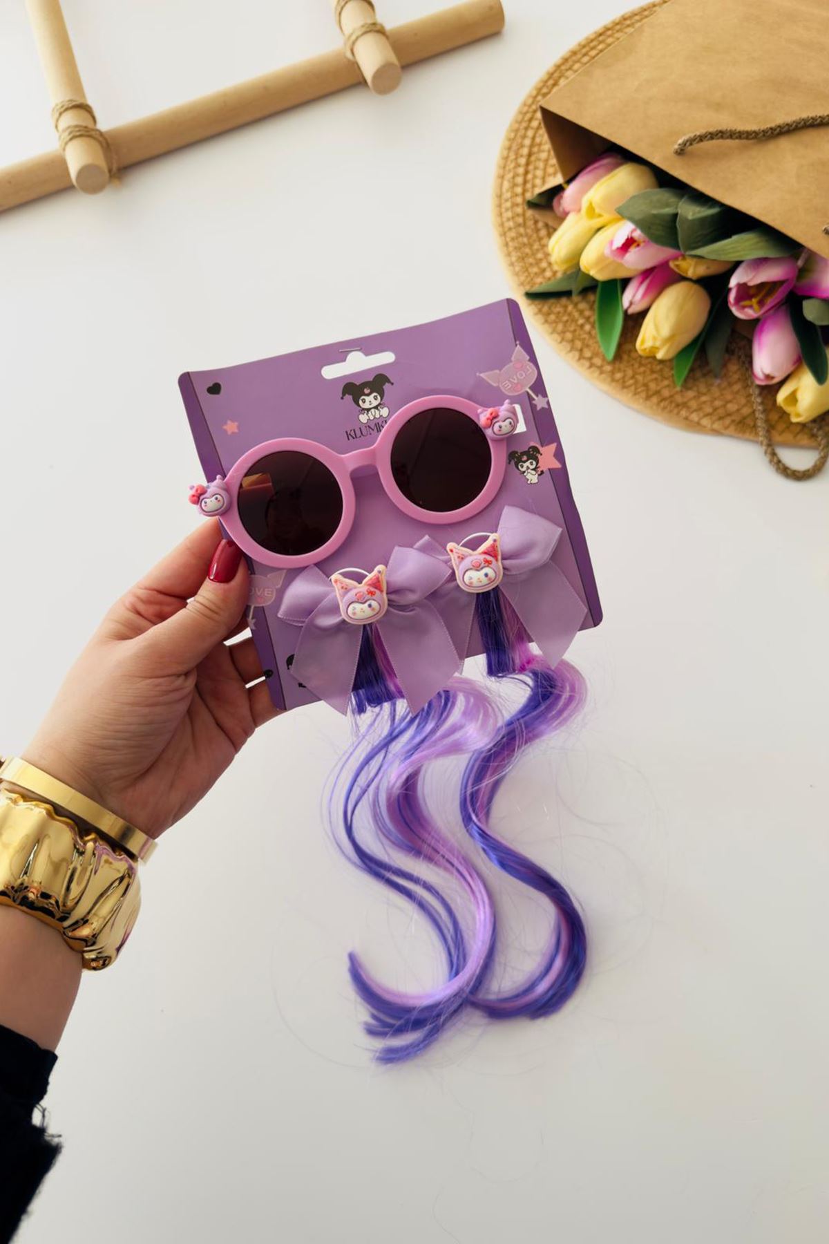 Miniğimin Cicileri Postiş Saç Tokalı Güneş Gözlüklü 3 parça Toka Seti - Lila