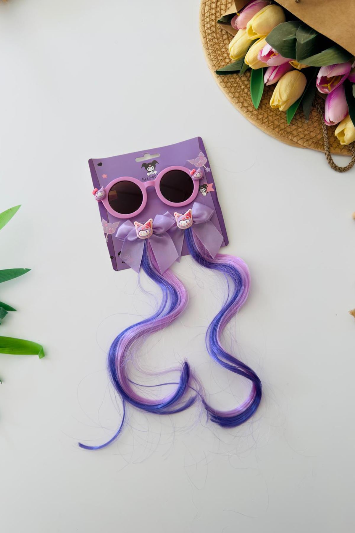 Miniğimin Cicileri Postiş Saç Tokalı Güneş Gözlüklü 3 parça Toka Seti - Lila