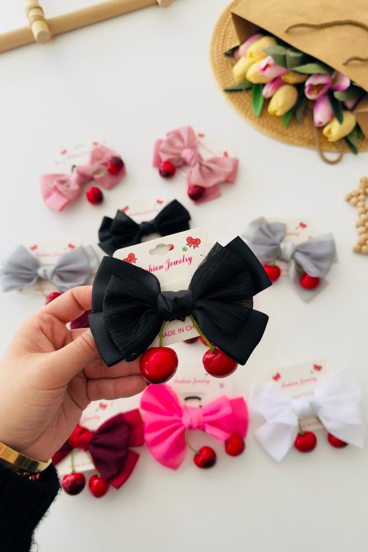 Miniğimin Cicileri Fiyonklu Kiraz Detaylı Kız Çocuk Bağlama Toka - Siyah