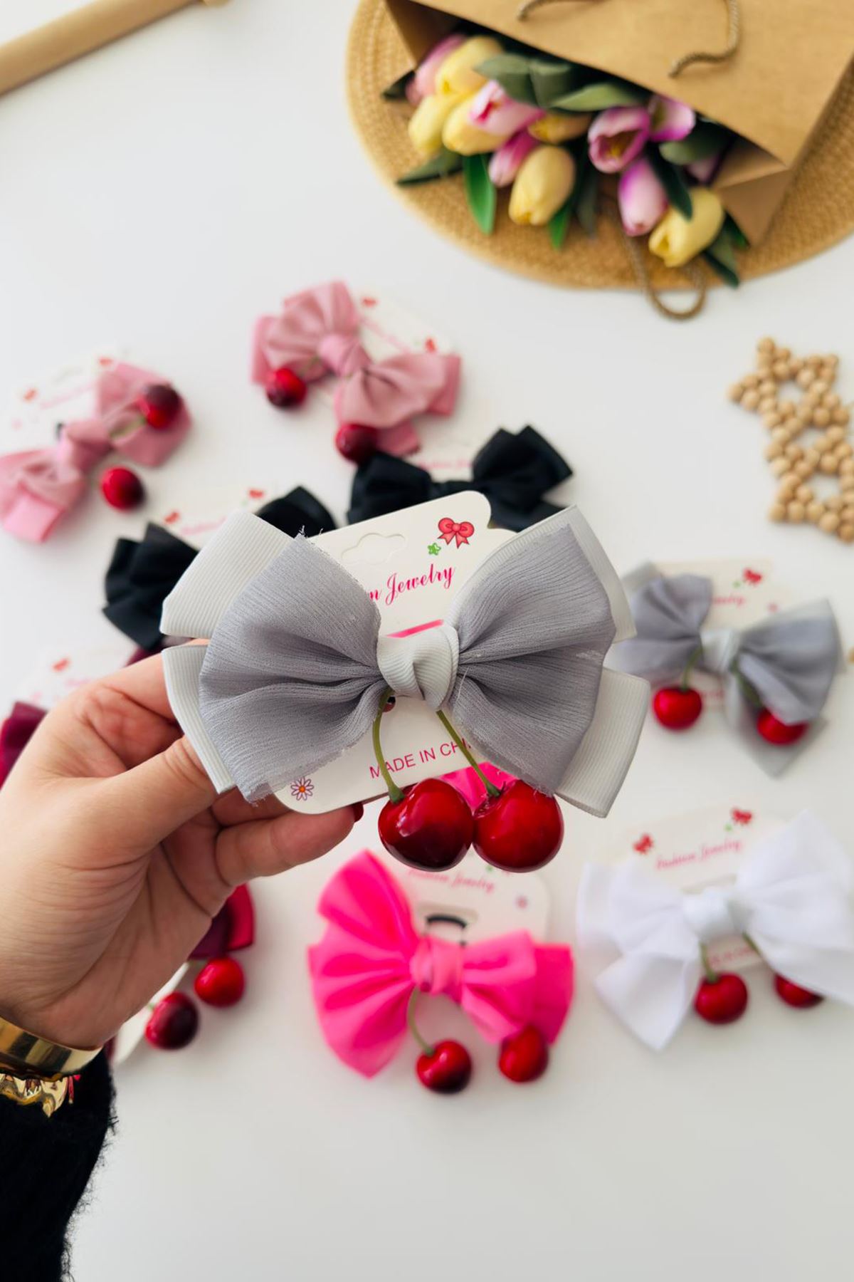 Miniğimin Cicileri Fiyonklu Kiraz Detaylı Kız Çocuk Bağlama Toka - Gri