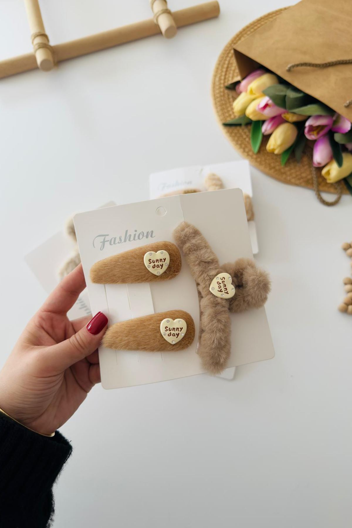 Miniğimin Cicileri Sunday Peluş Mandal toka 3 lü Set - Camel