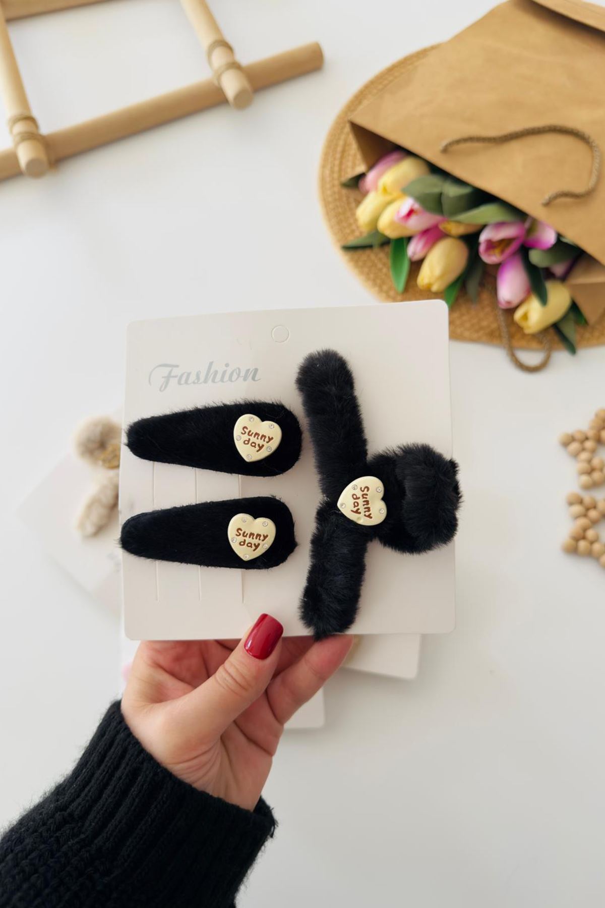 Miniğimin Cicileri Sunday Peluş Mandal toka 3 lü Set - Siyah