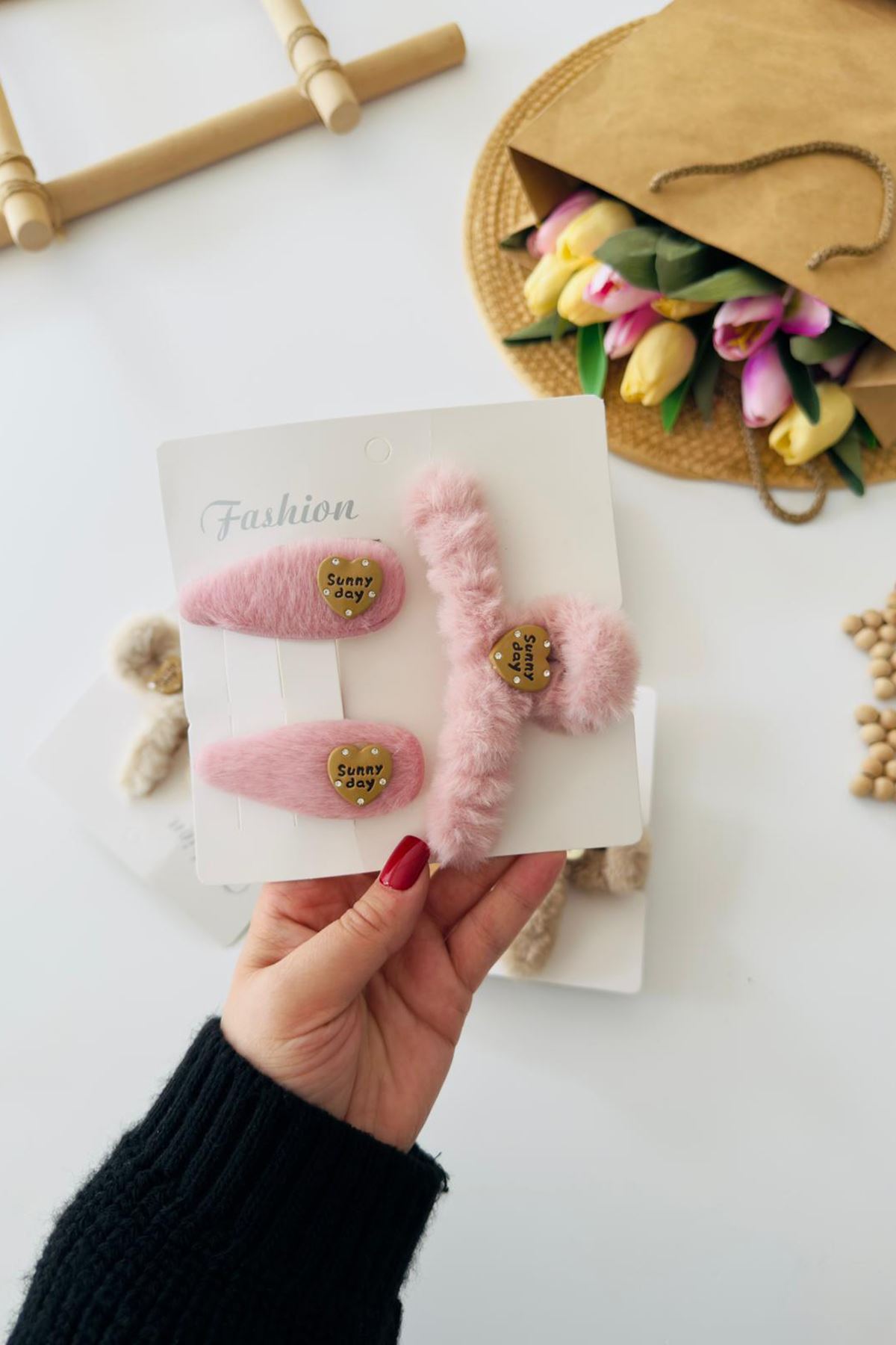 Miniğimin Cicileri Sunday Peluş Mandal toka 3 lü Set - Pembe