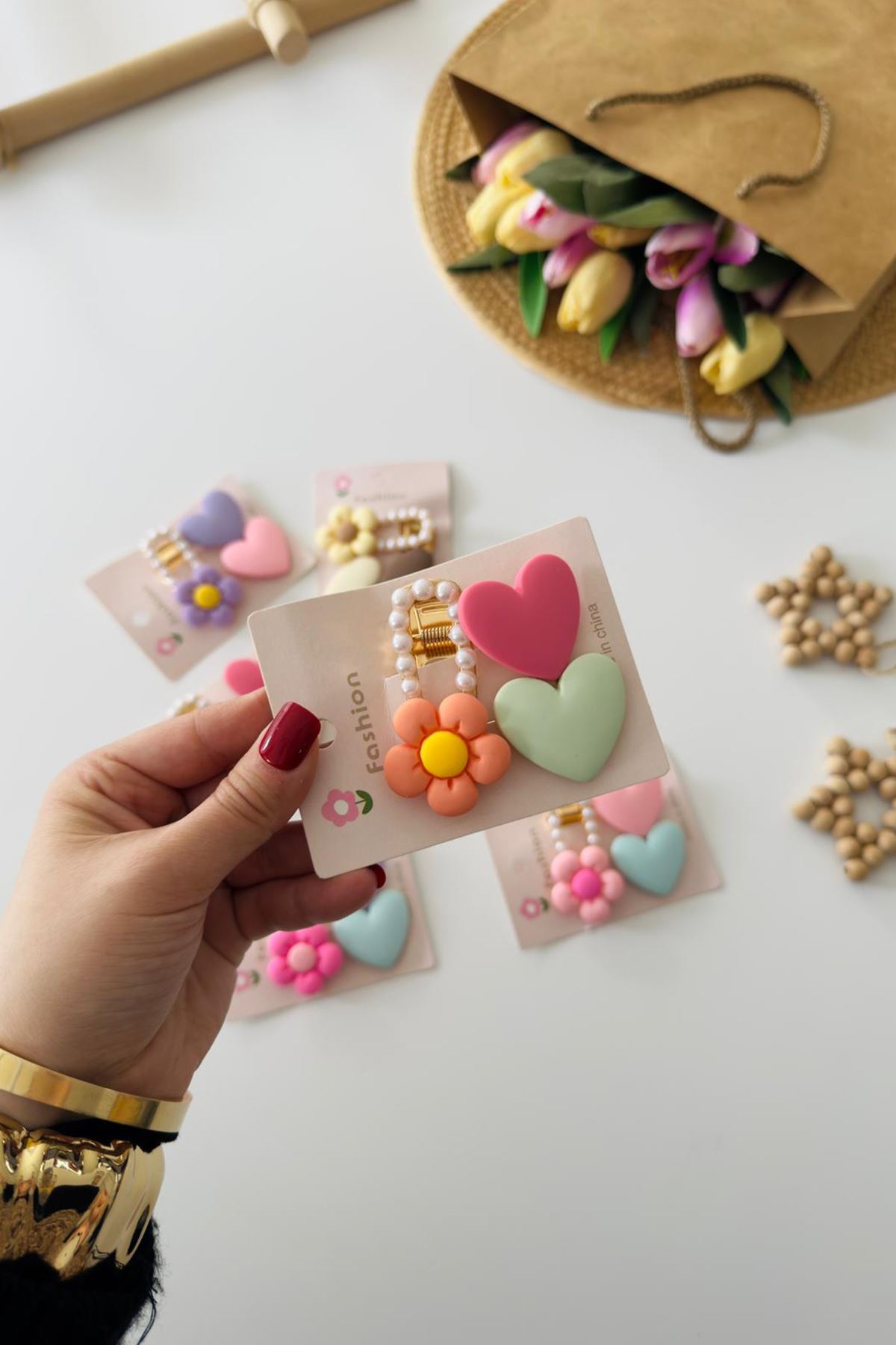 Miniğimin Cicileri İnci Detaylı Kalp & Papatya Figürlü Kız Çocuk Toka Seti - Turuncu