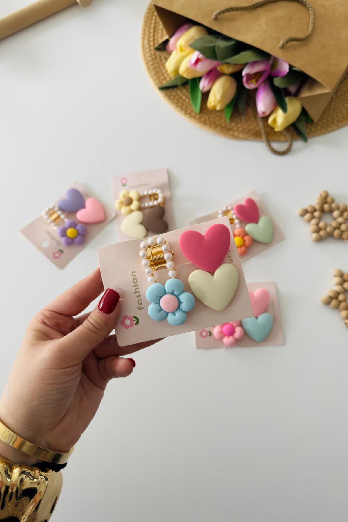 Miniğimin Cicileri İnci Detaylı Kalp & Papatya Figürlü Kız Çocuk Toka Seti - Turkuaz