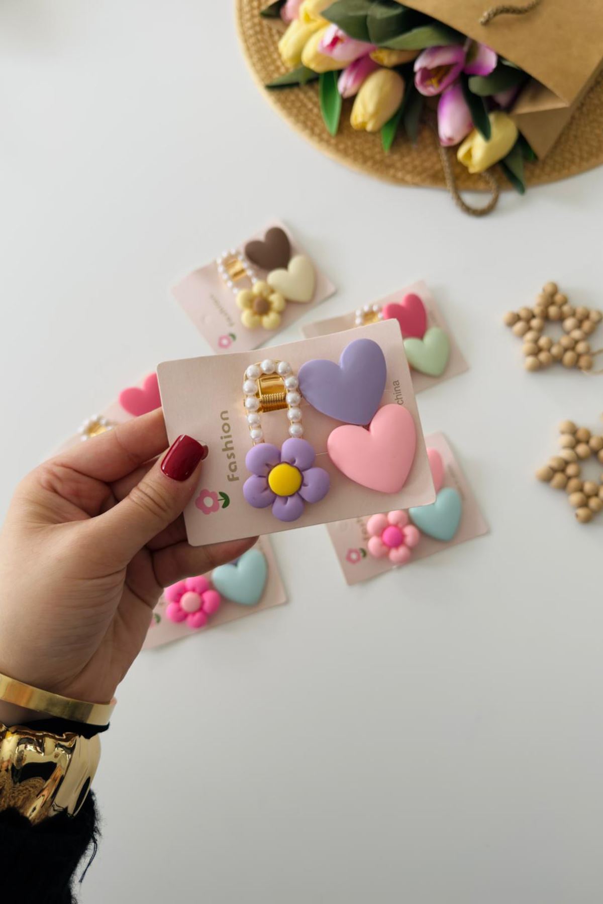 Miniğimin Cicileri İnci Detaylı Kalp & Papatya Figürlü Kız Çocuk Toka Seti - Lila