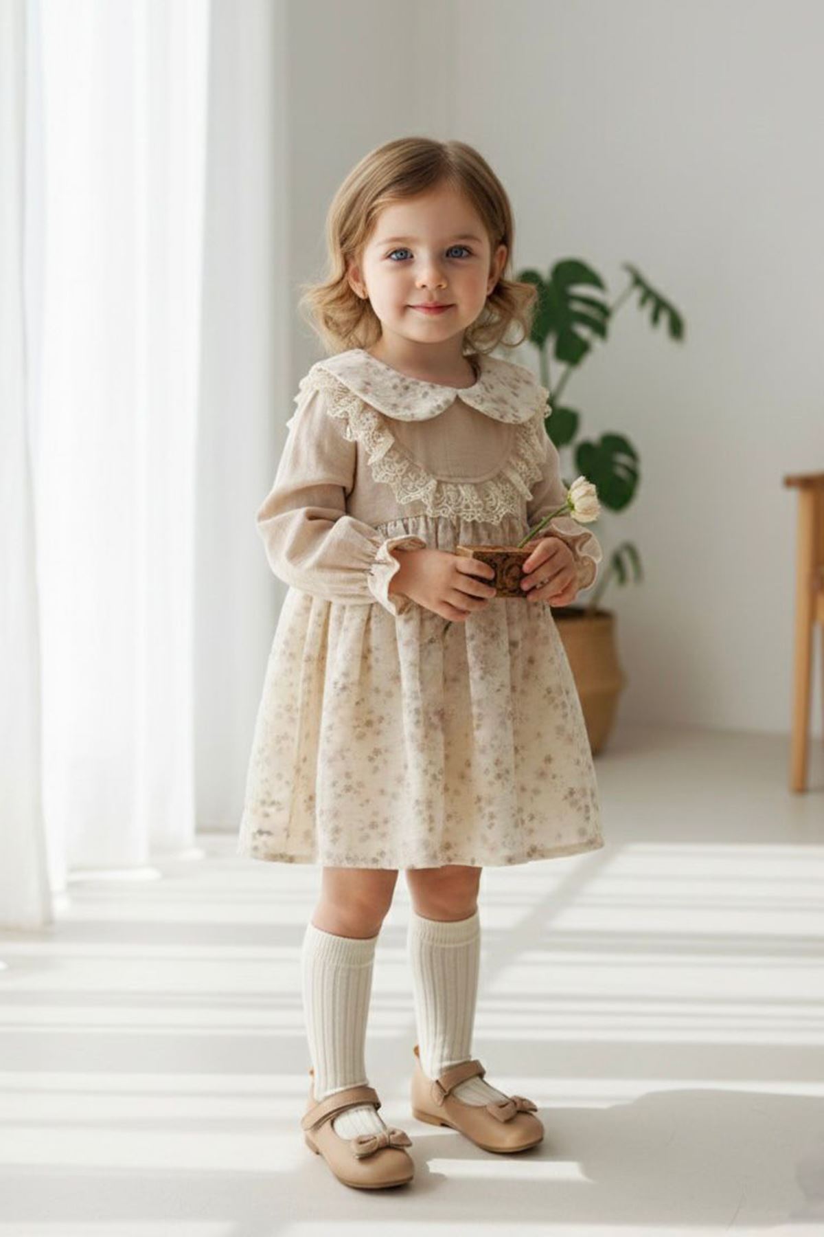 Miniğimin Cicileri Vintage Çiçek Desenli Dantel Yaka Detaylı Kız Bebek Elbise - Krem