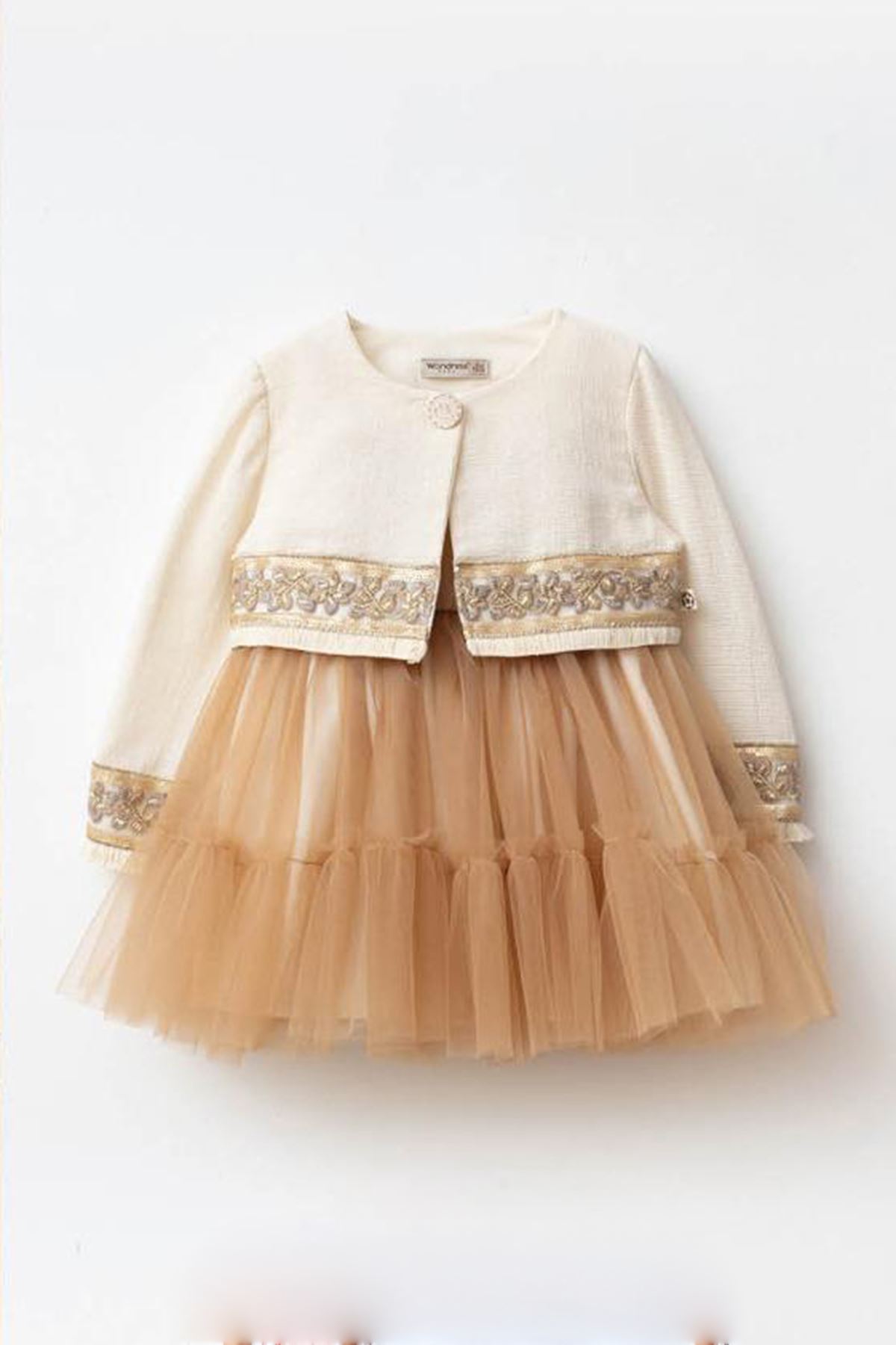 Miniğimin Cicileri Gold Şerit Detaylı Tül Etekli Kız Bebek Elbise - Kahverengi