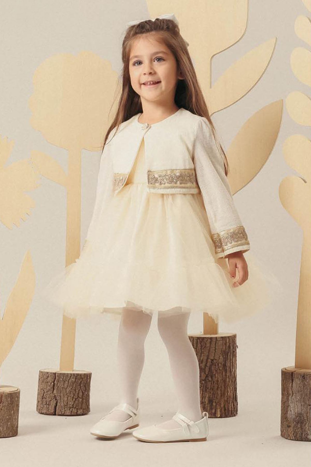 Miniğimin Cicileri Gold Şerit Detaylı Tül Etekli Kız Bebek Elbise - Krem