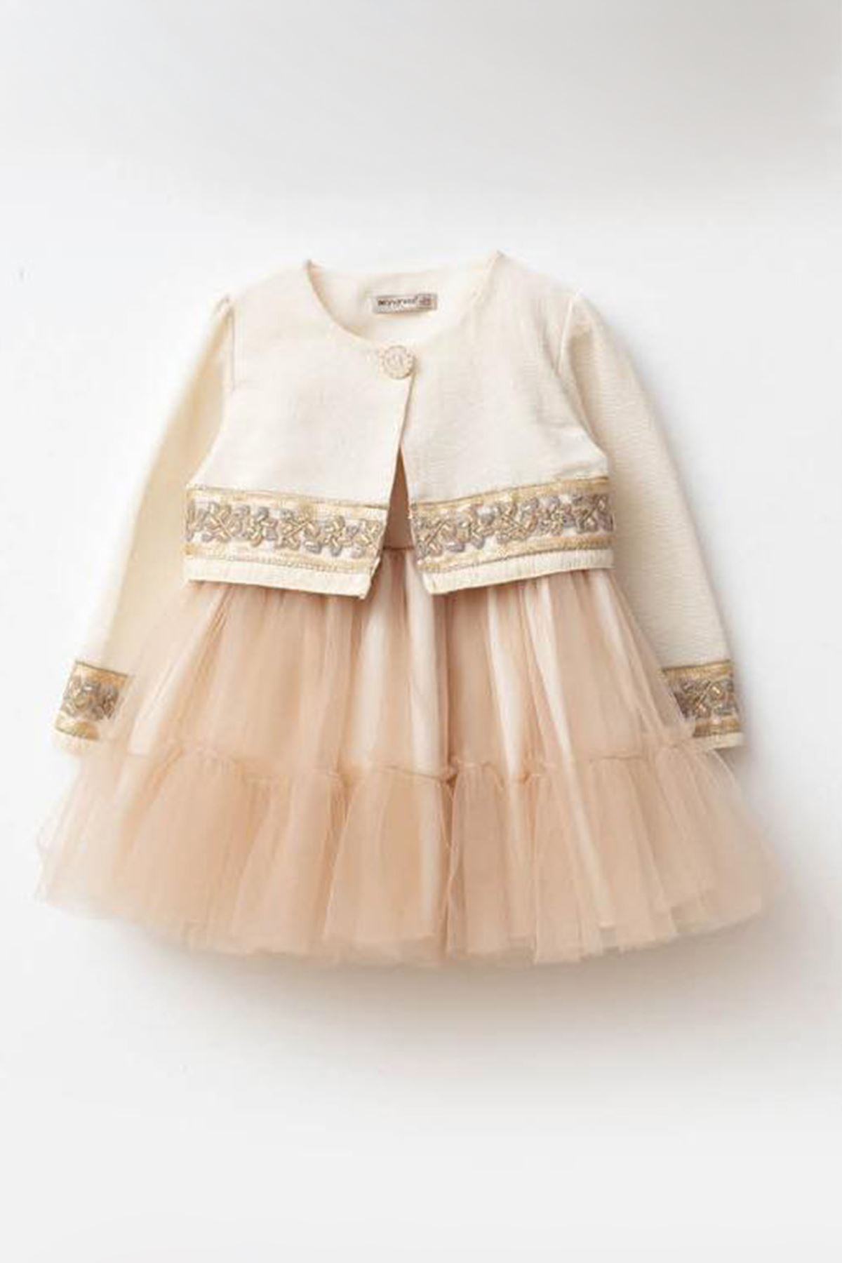 Miniğimin Cicileri Gold Şerit Detaylı Tül Etekli Kız Bebek Elbise - Bej