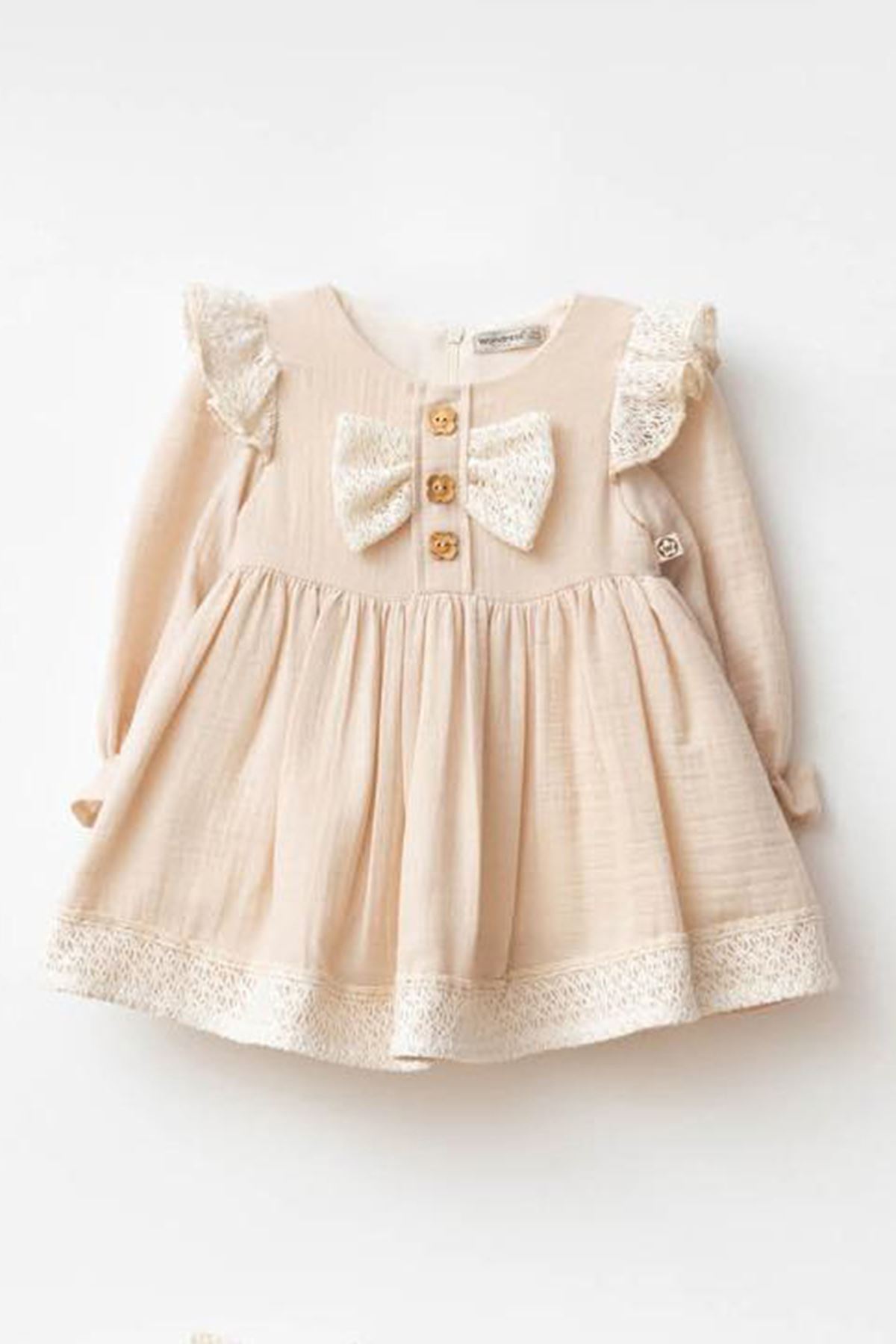 Miniğimin Cicileri Fiyonk Şerit Detaylı Müslin Kız Bebek Elbise - Sütlü Kahve