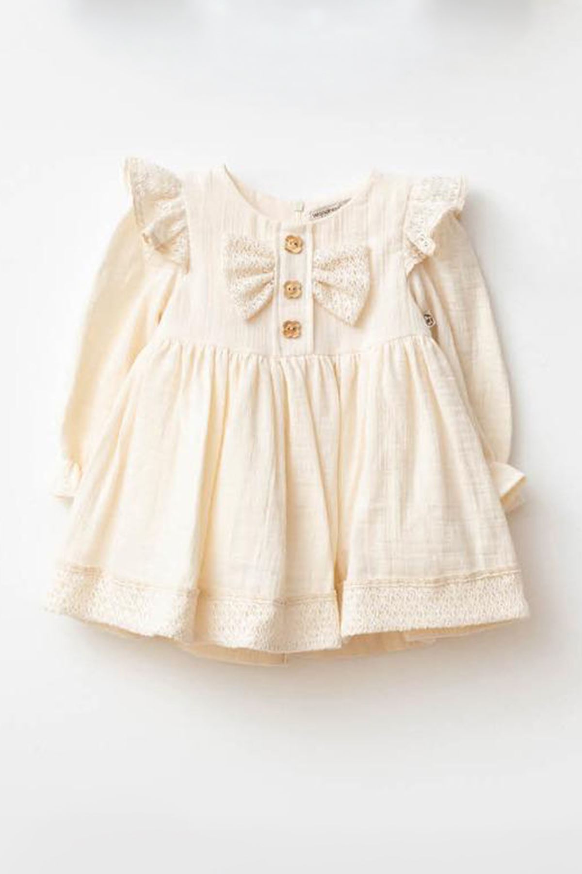 Miniğimin Cicileri Fiyonk Şerit Detaylı Müslin Kız Bebek Elbise - Krem