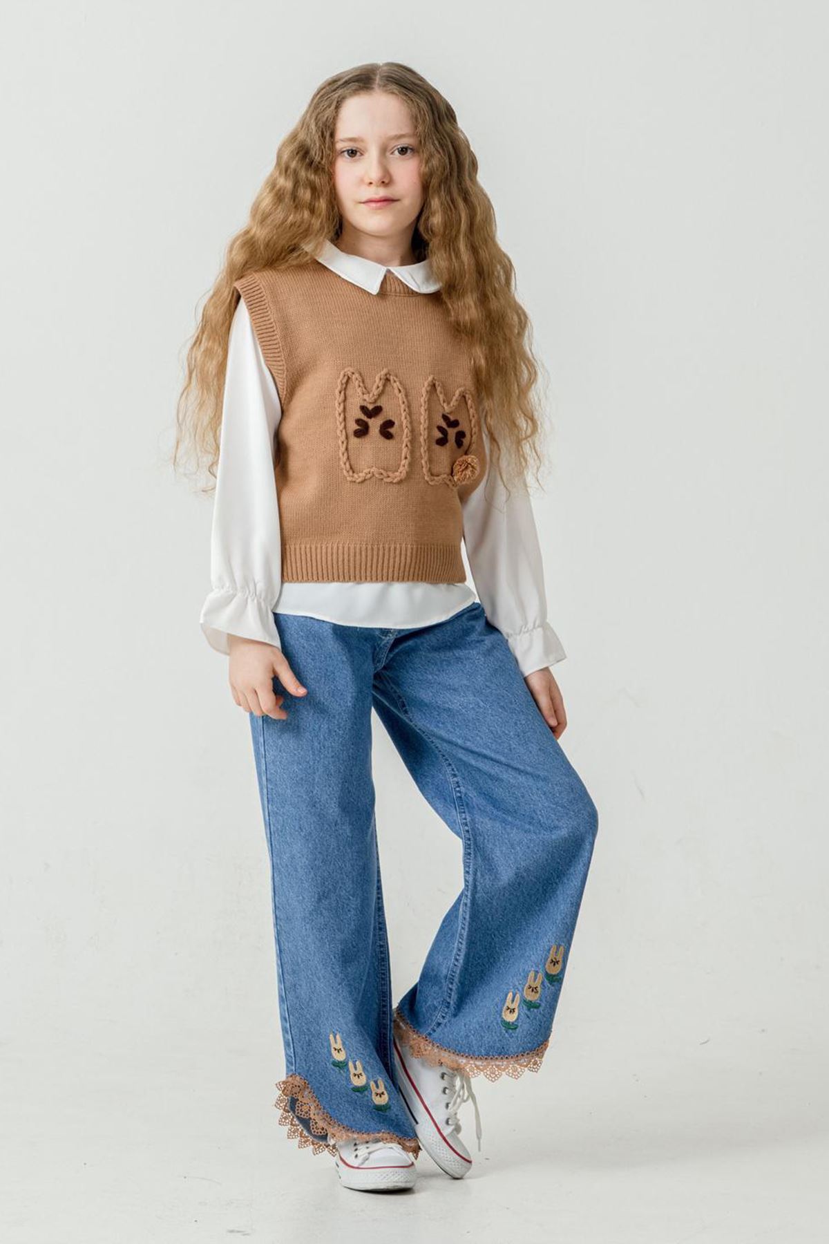 Miniğimin Cicileri Ponpon Detaylı Triko Gömlekli 3 lü Takım - Kahverengi