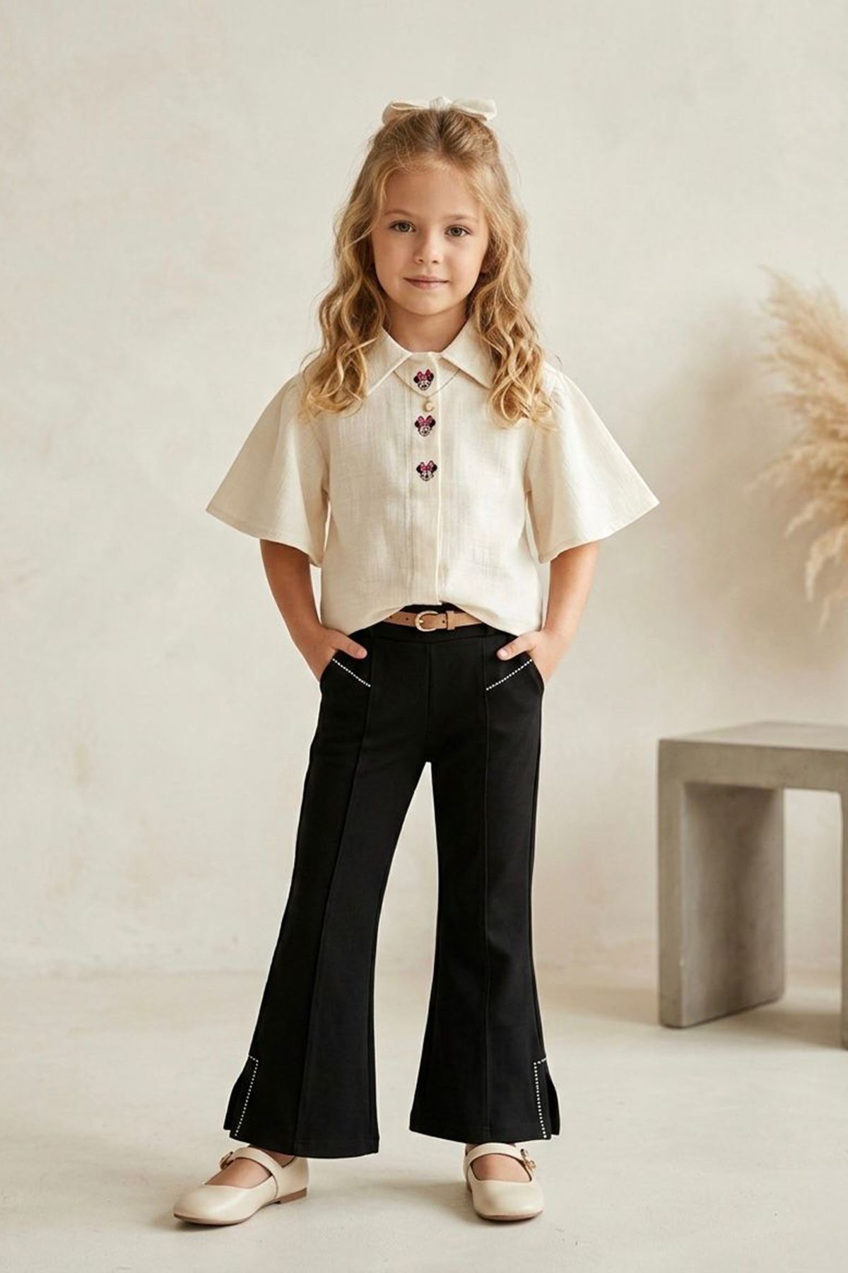 Miniğimin Cicileri Mnn İşleme Detaylı Müslin Gömlekli Kız Çocuk 2 li Takım - Krem