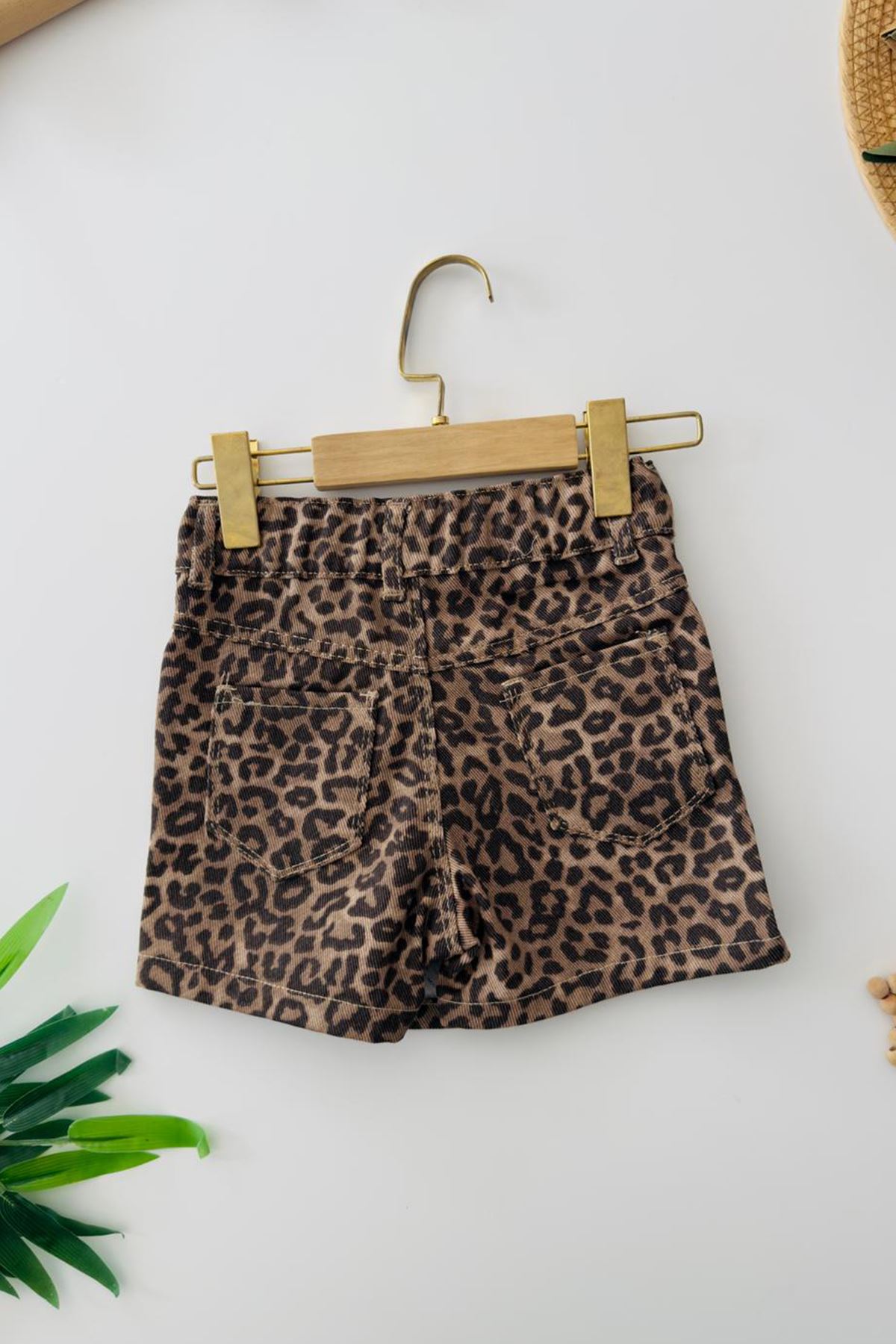 Miniğimin Cicileri Kız Çocuk Leopar Desenli Kot Şort Etek - Kahverengi