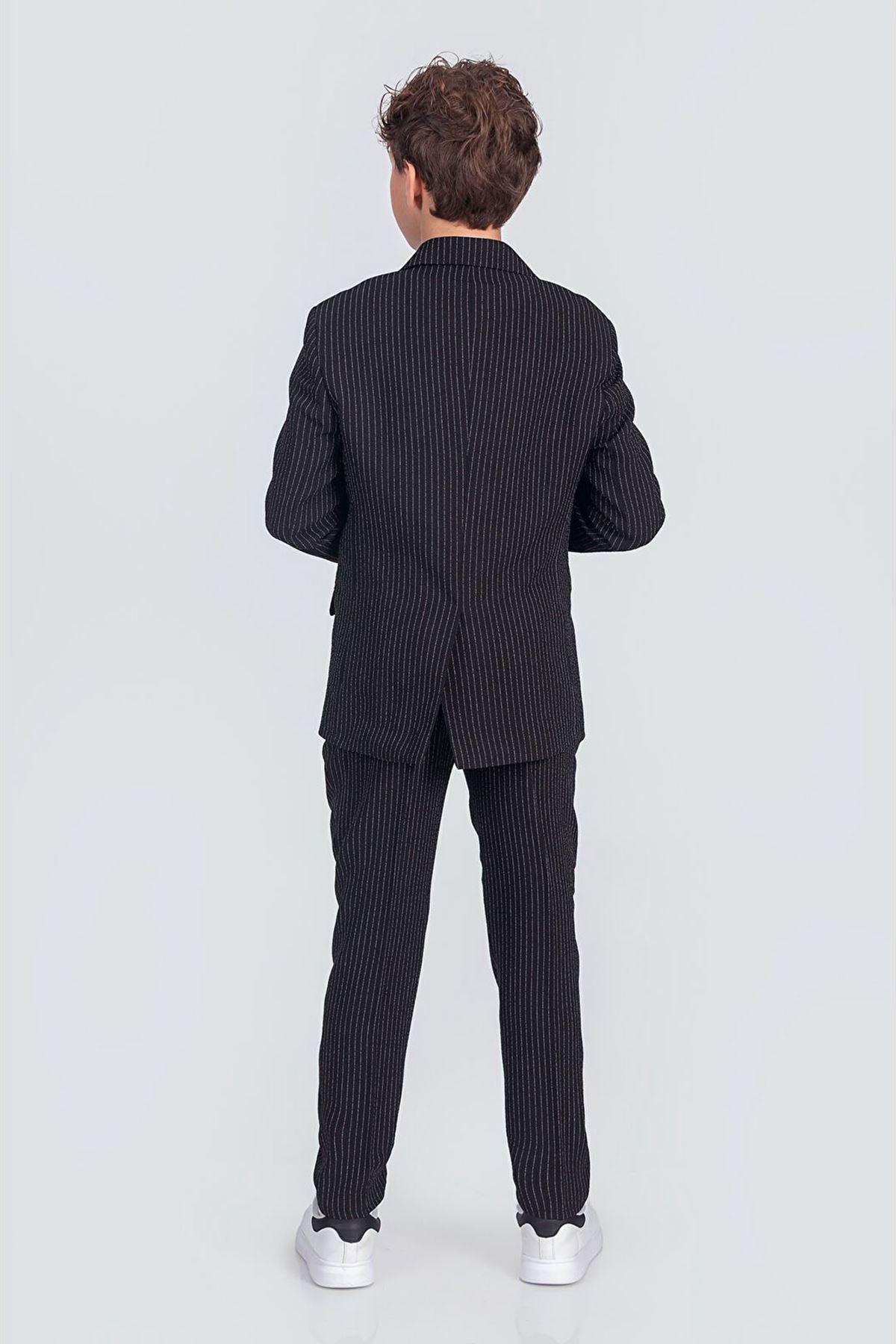 Miniğimin Cicileri Çizgili Kruvaze Ceketli Papyonlu Erkek Çocuk Takım - Siyah