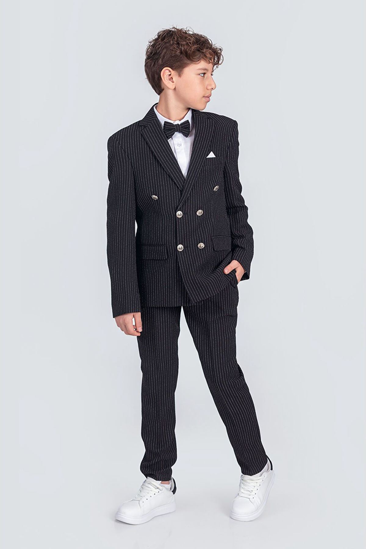 Miniğimin Cicileri Çizgili Kruvaze Ceketli Papyonlu Erkek Çocuk Takım - Siyah