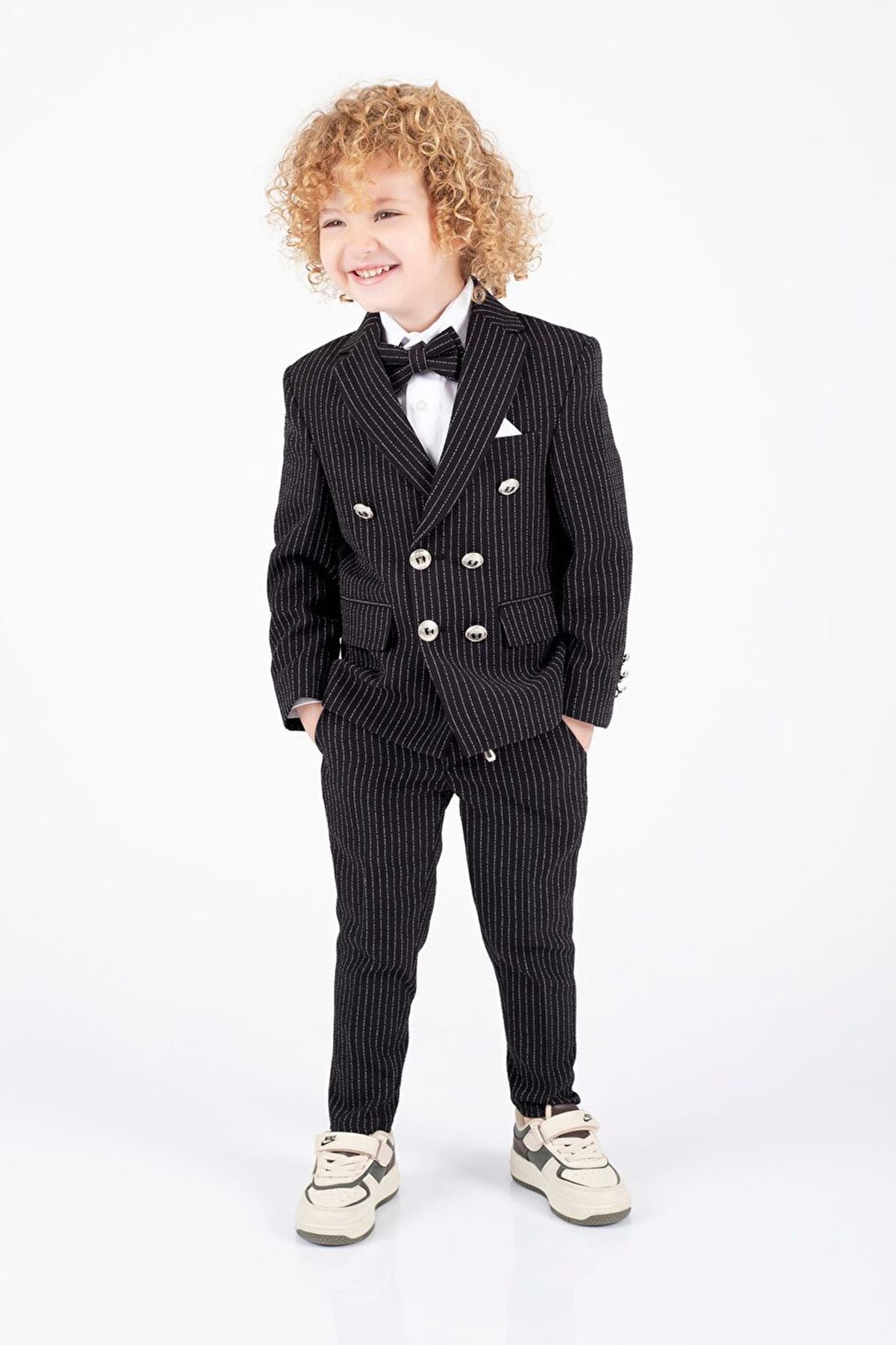 Miniğimin Cicileri Çizgili Kruvaze Ceketli Papyonlu Erkek Çocuk Takım - Siyah