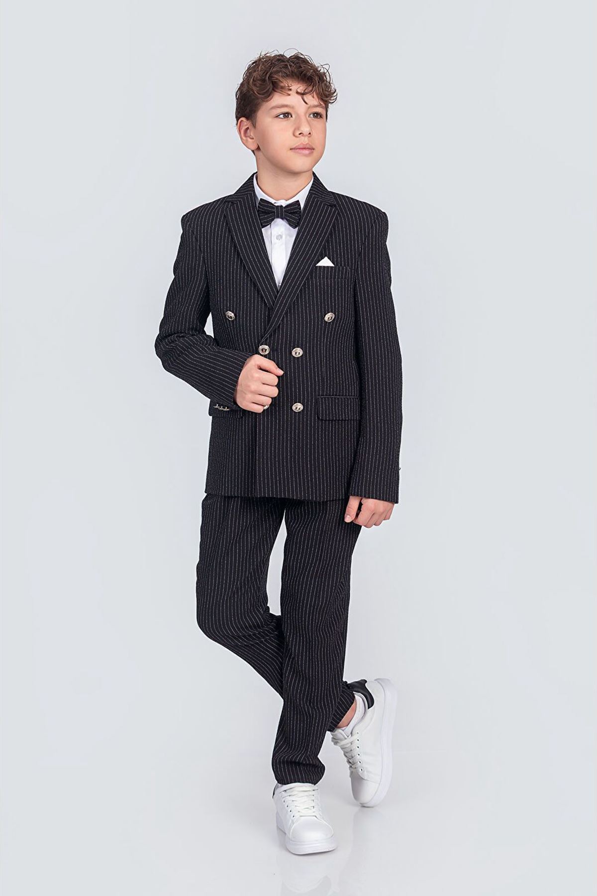Miniğimin Cicileri Çizgili Kruvaze Ceketli Papyonlu Erkek Çocuk Takım - Siyah
