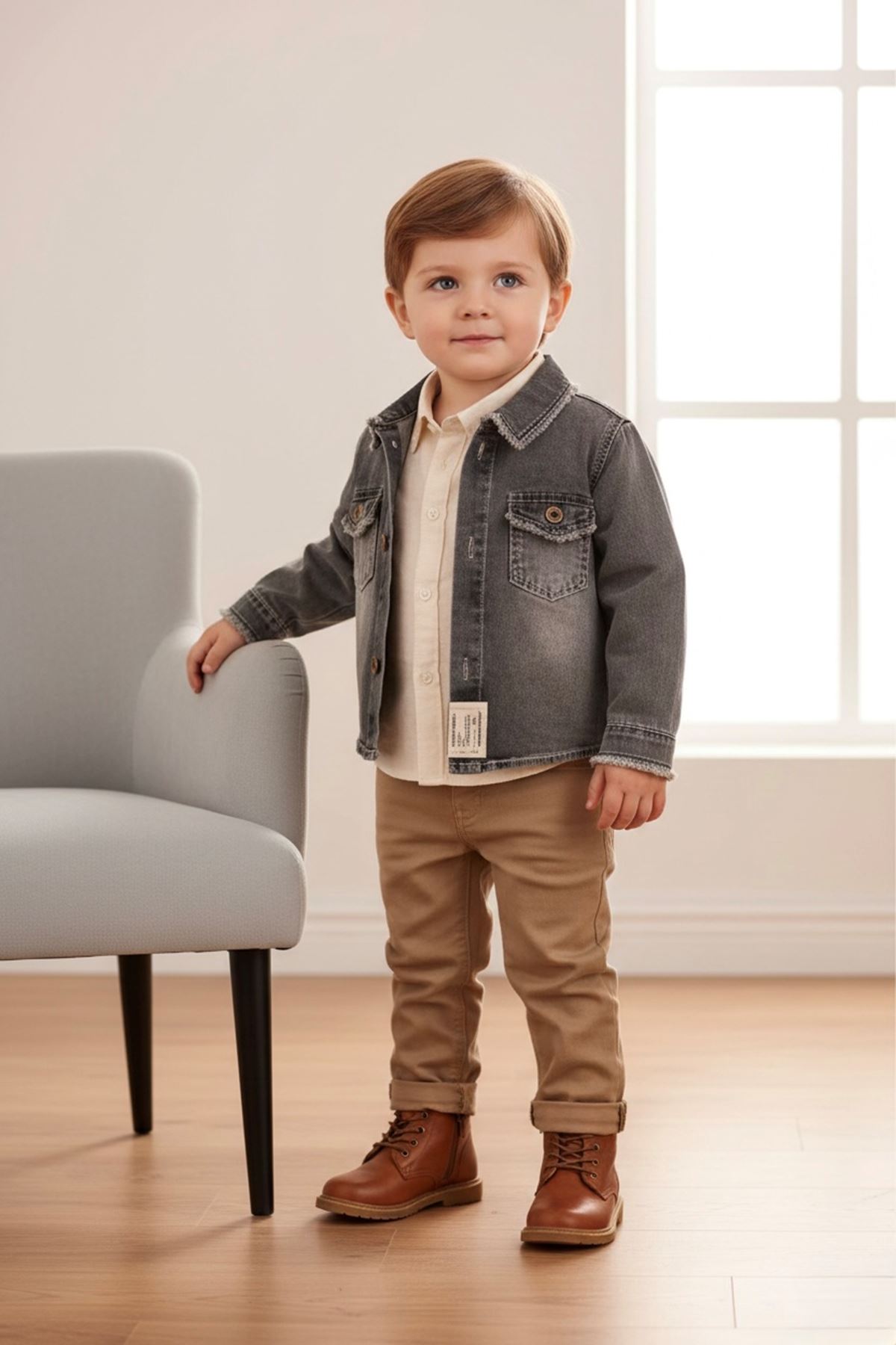 Miniğimin Cicileri Pamuk Keten Ceketli Cepli Erkek Çocuk 3 lü takım - Füme