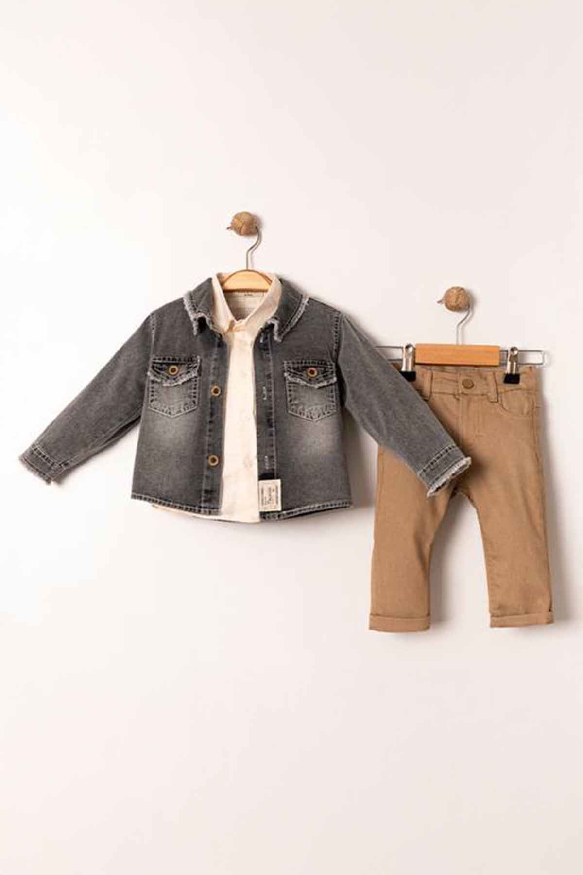 Miniğimin Cicileri Pamuk Keten Ceketli Cepli Erkek Çocuk 3 lü takım - Füme