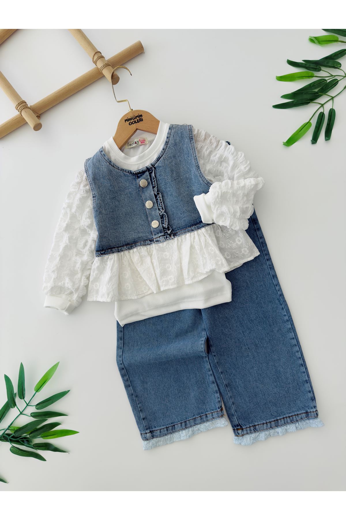 Miniğimin Cicileri Fisto Detaylı Kot Kız Çocuk 3 lü Takım - Açık Mavi