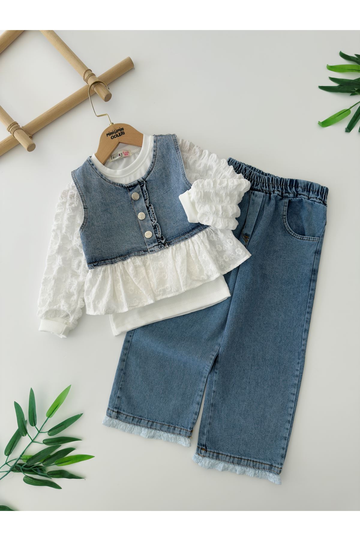 Miniğimin Cicileri Fisto Detaylı Kot Kız Çocuk 3 lü Takım - Açık Mavi