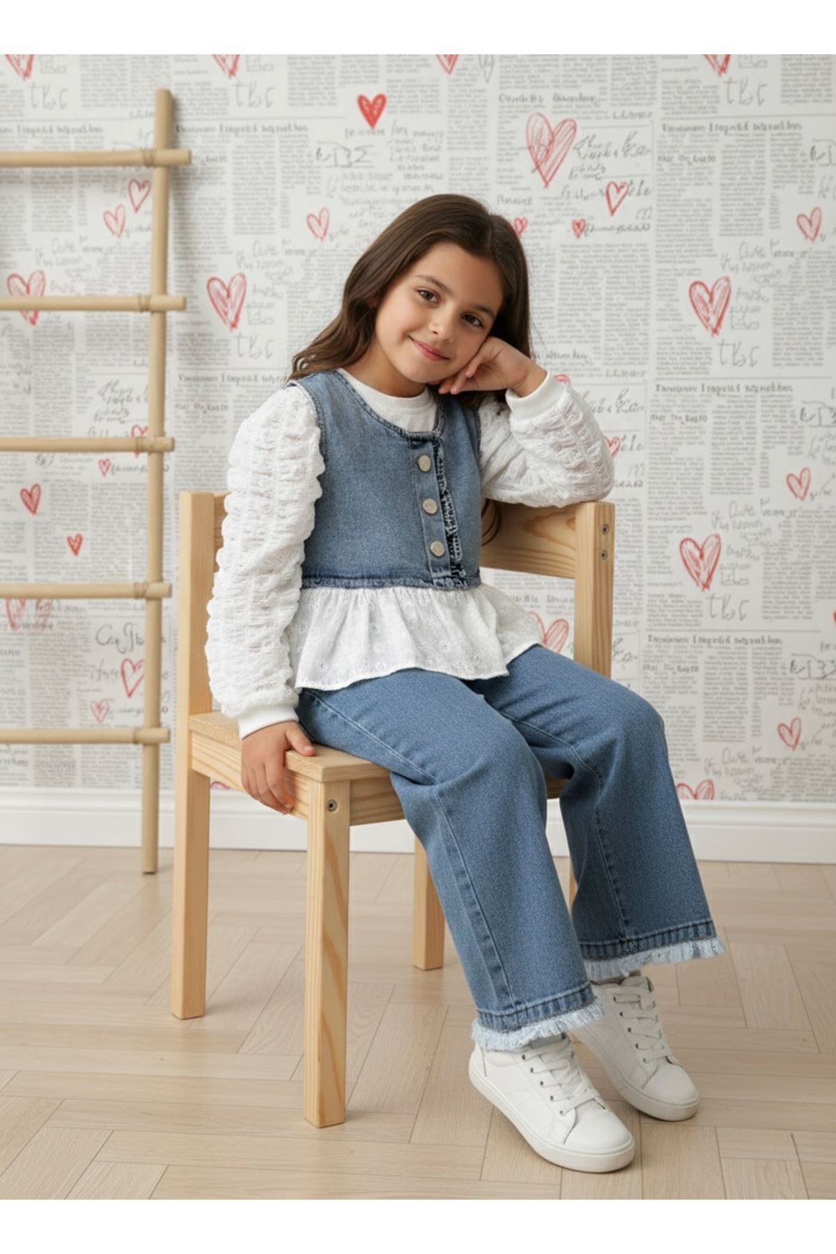 Miniğimin Cicileri Fisto Detaylı Kot Kız Çocuk 3 lü Takım - Açık Mavi