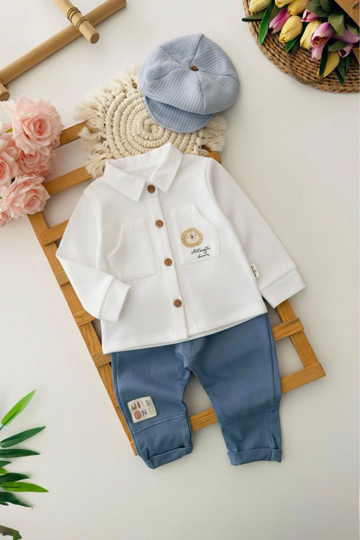 Miniğimin Cicileri Wild One Erkek Bebek 3’lü Pamuklu Ceketli Takım - MaviBeyaz