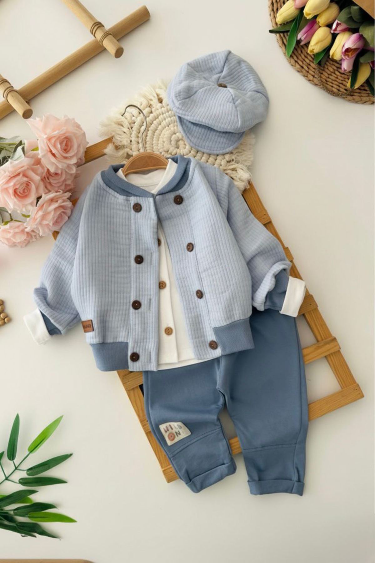 Miniğimin Cicileri Wild One Erkek Bebek 3’lü Pamuklu Ceketli Takım - MaviBeyaz