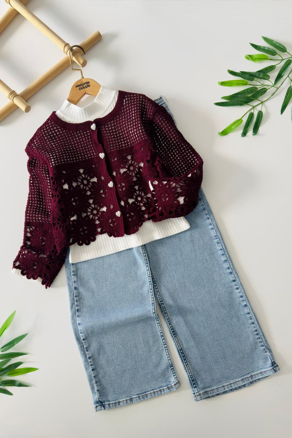 Miniğimin Cicileri (8-12 Yaş) Dantel Örgü Hırkalı Bol Paça Kot Pantolonlu Kız Çocuk 3 lü Kombin Takım - Bordo