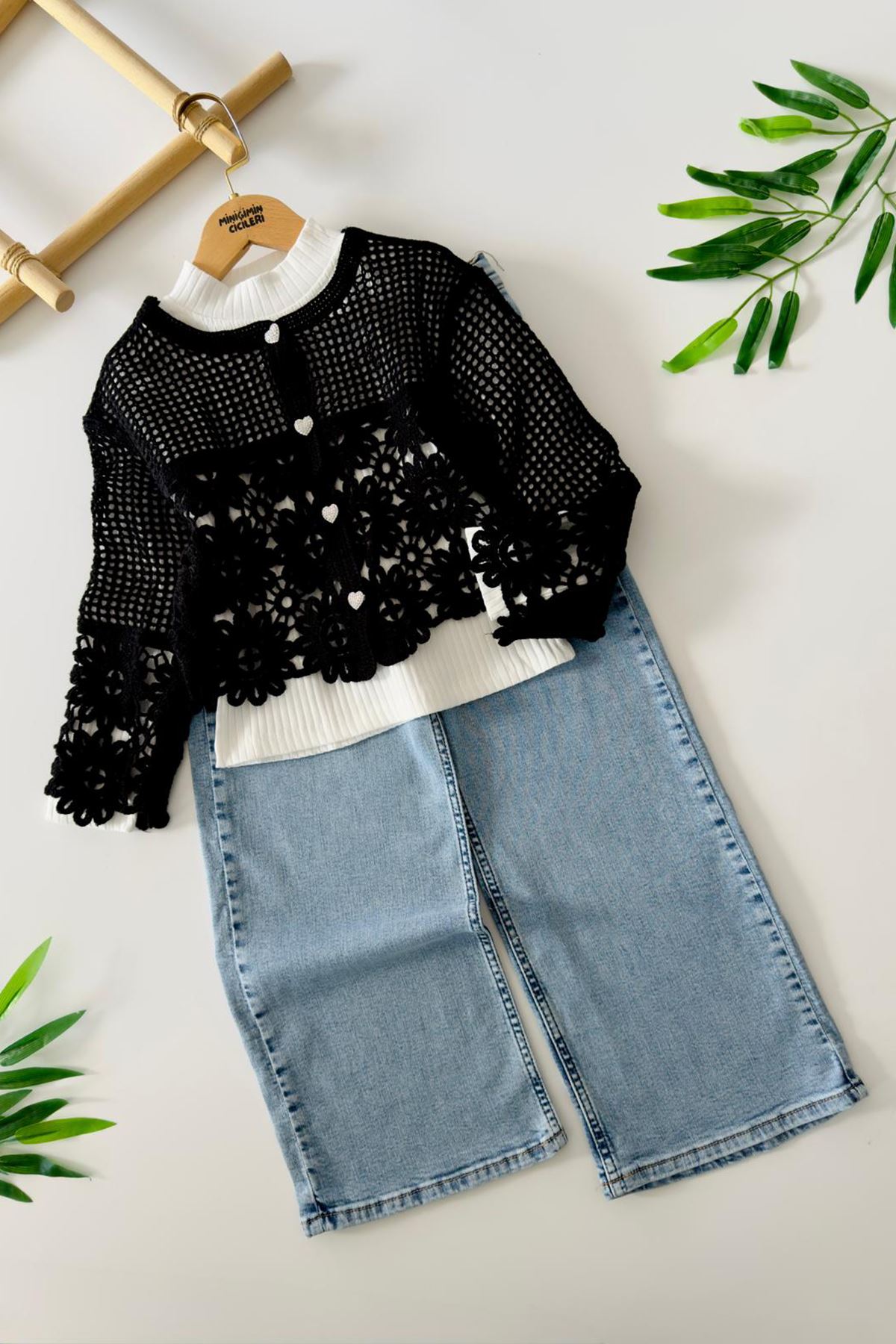 Miniğimin Cicileri (8-12 Yaş) Dantel Örgü Hırkalı Bol Paça Kot Pantolonlu Kız Çocuk 3 lü Kombin Takım - Siyah