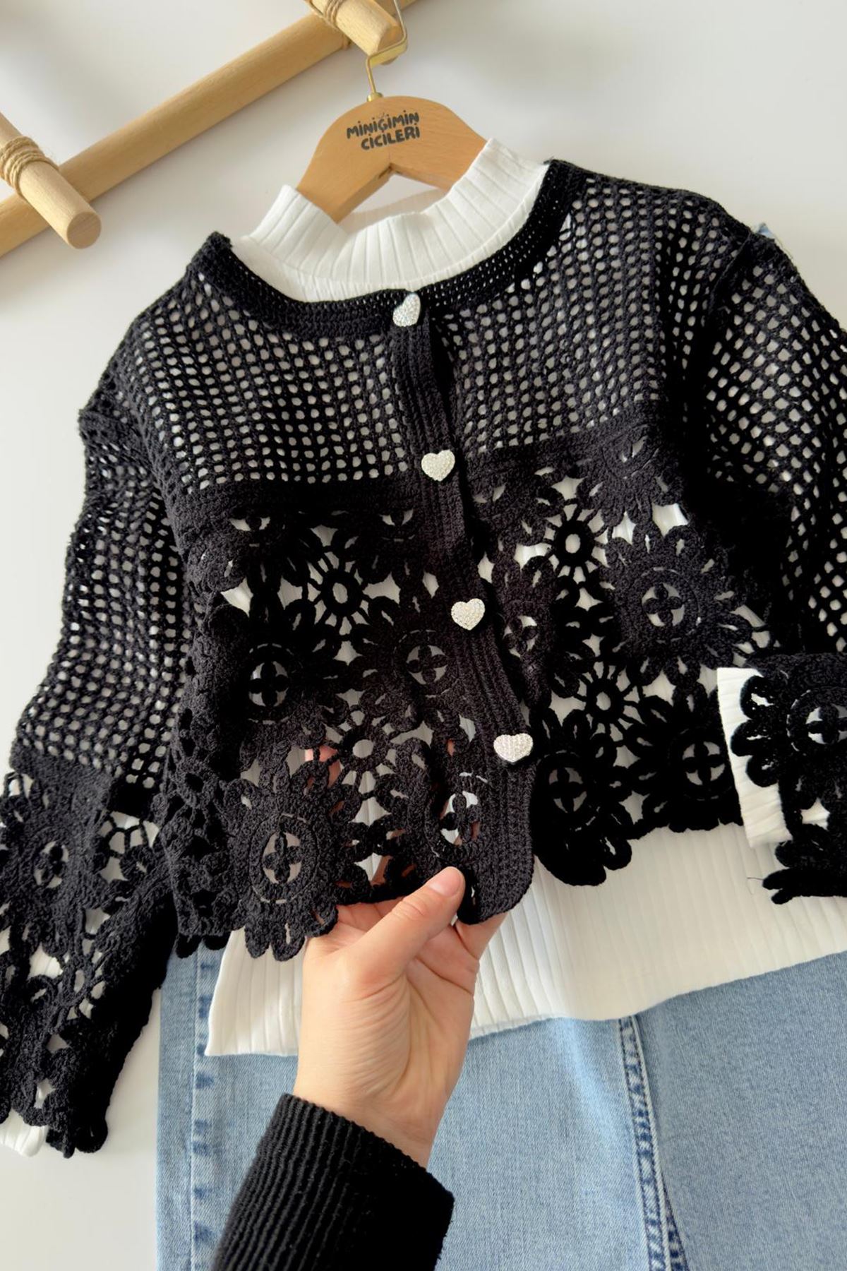 Miniğimin Cicileri (8-12 Yaş) Dantel Örgü Hırkalı Bol Paça Kot Pantolonlu Kız Çocuk 3 lü Kombin Takım - Siyah