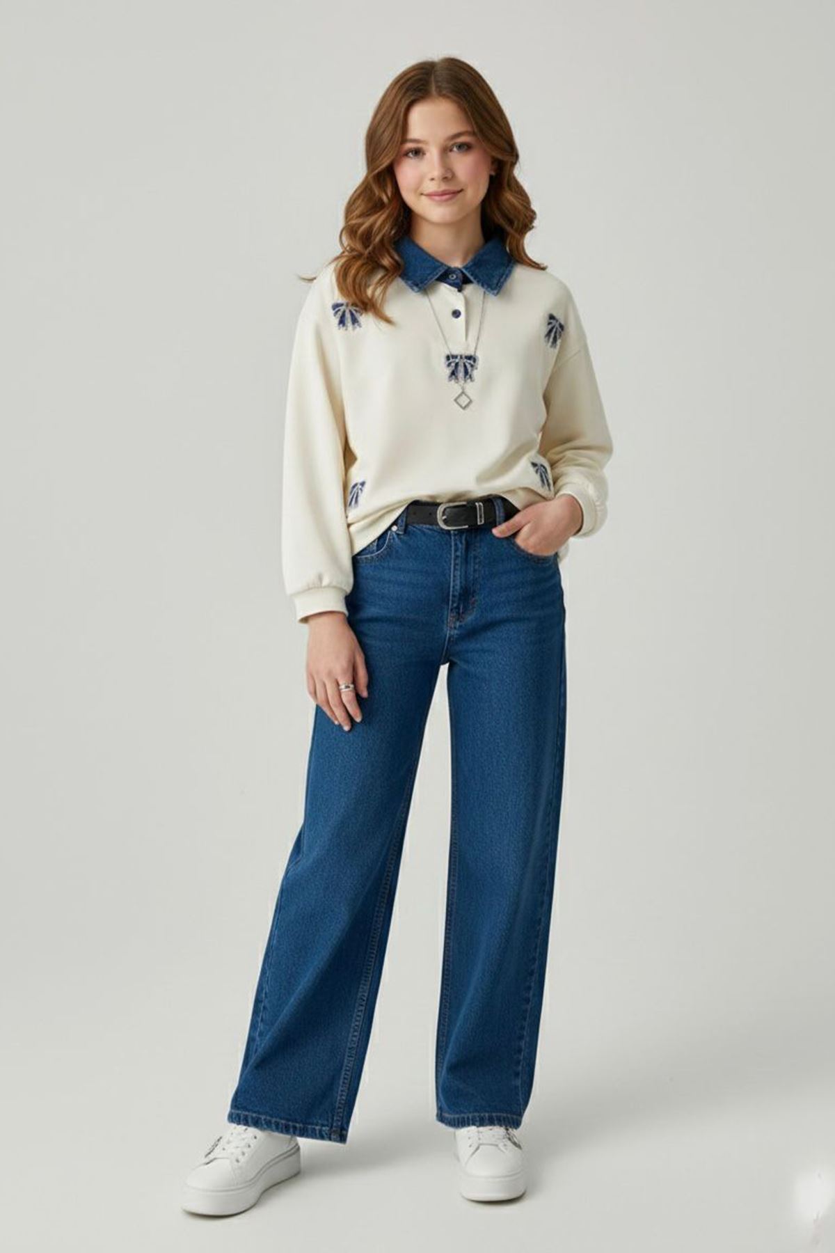 Miniğimin Cicileri (10-14 Yaş) Taşlı Fiyonk Detaylı Bol Pantolonlu Kız Çocuk 2 li Takım - Krem