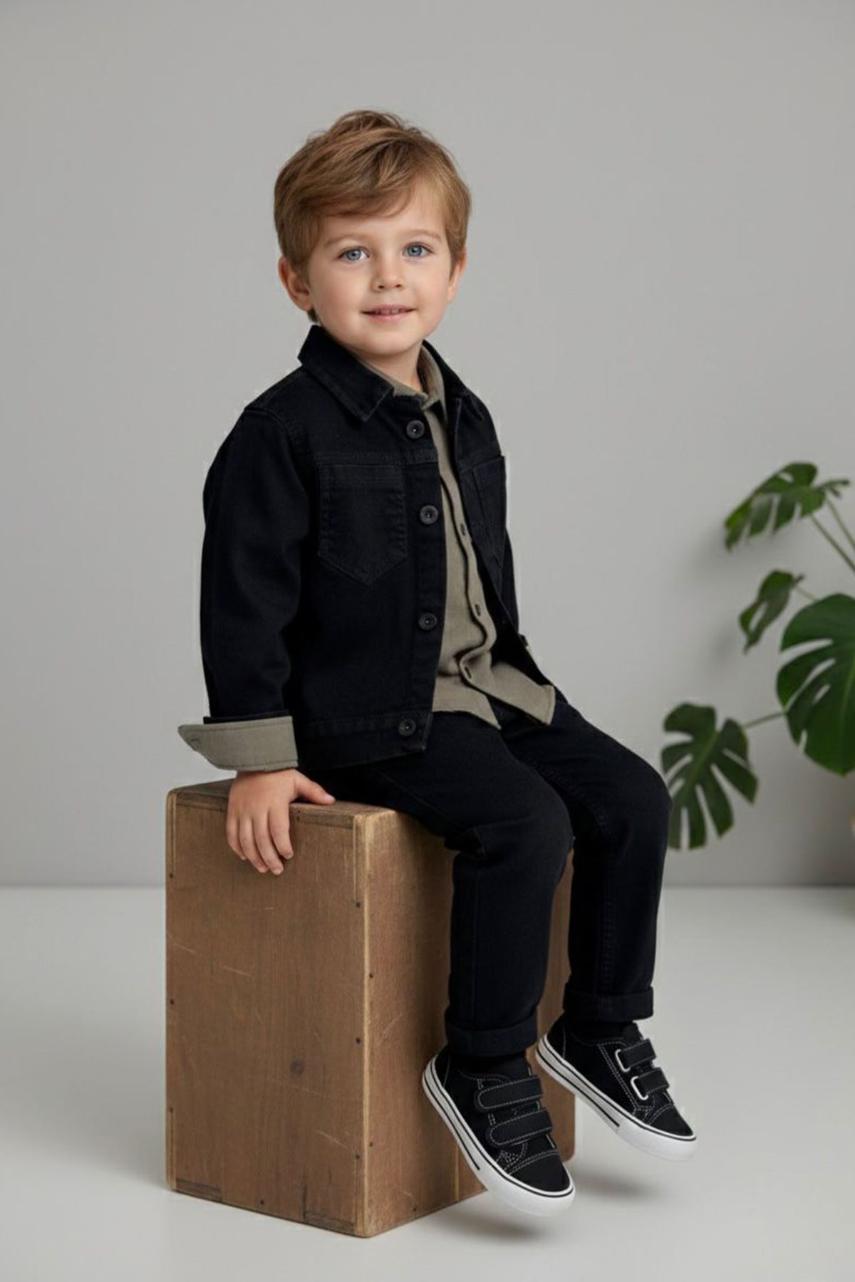 Miniğimin Cicileri Esnek Kot Ceketli Gömlekli Erkek Çocuk 3’lü Takım - Yeşil