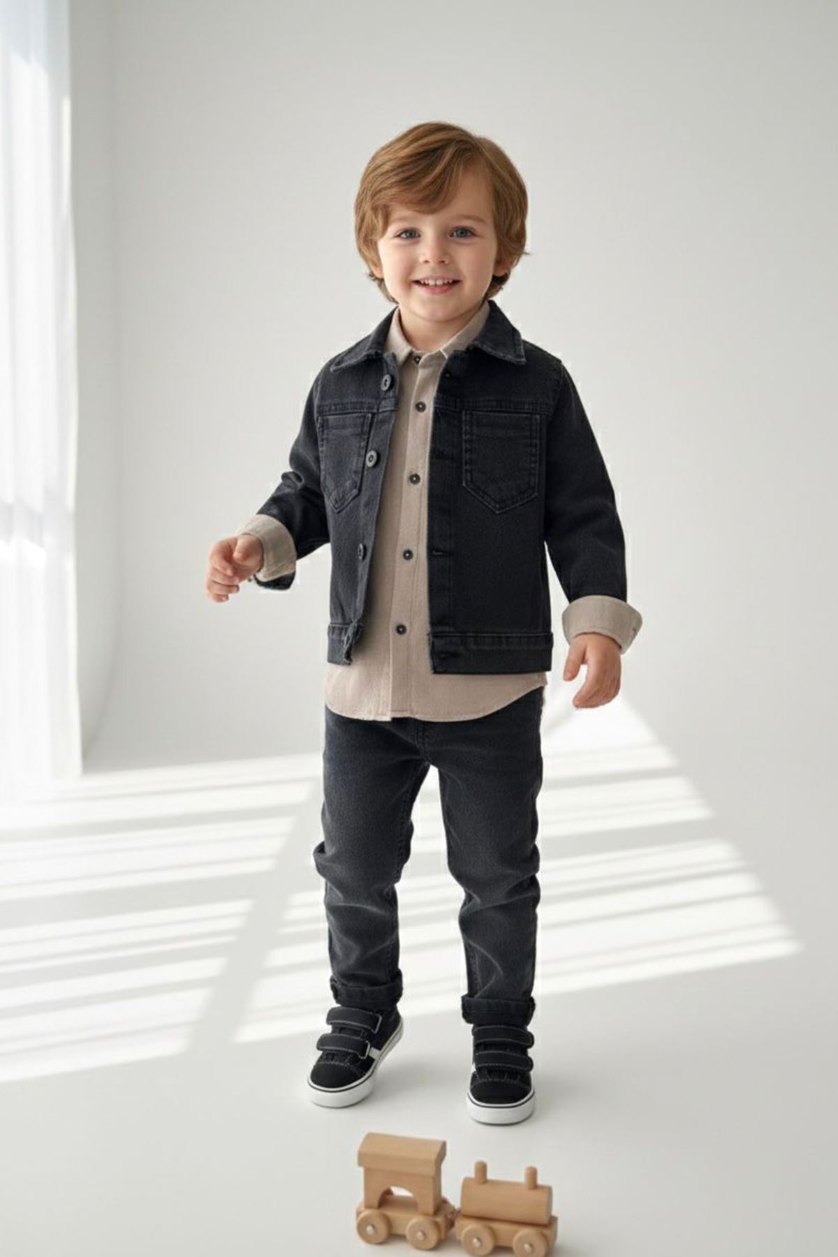 Miniğimin Cicileri Esnek Kot Ceketli Gömlekli Erkek Çocuk 3’lü Takım - Taş